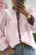 Pink Stripe Leopard Patchwork Long Sleeve Shirt