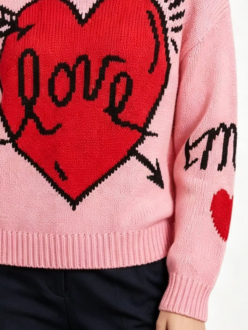 Heart Round Neck Ribbed Sweater