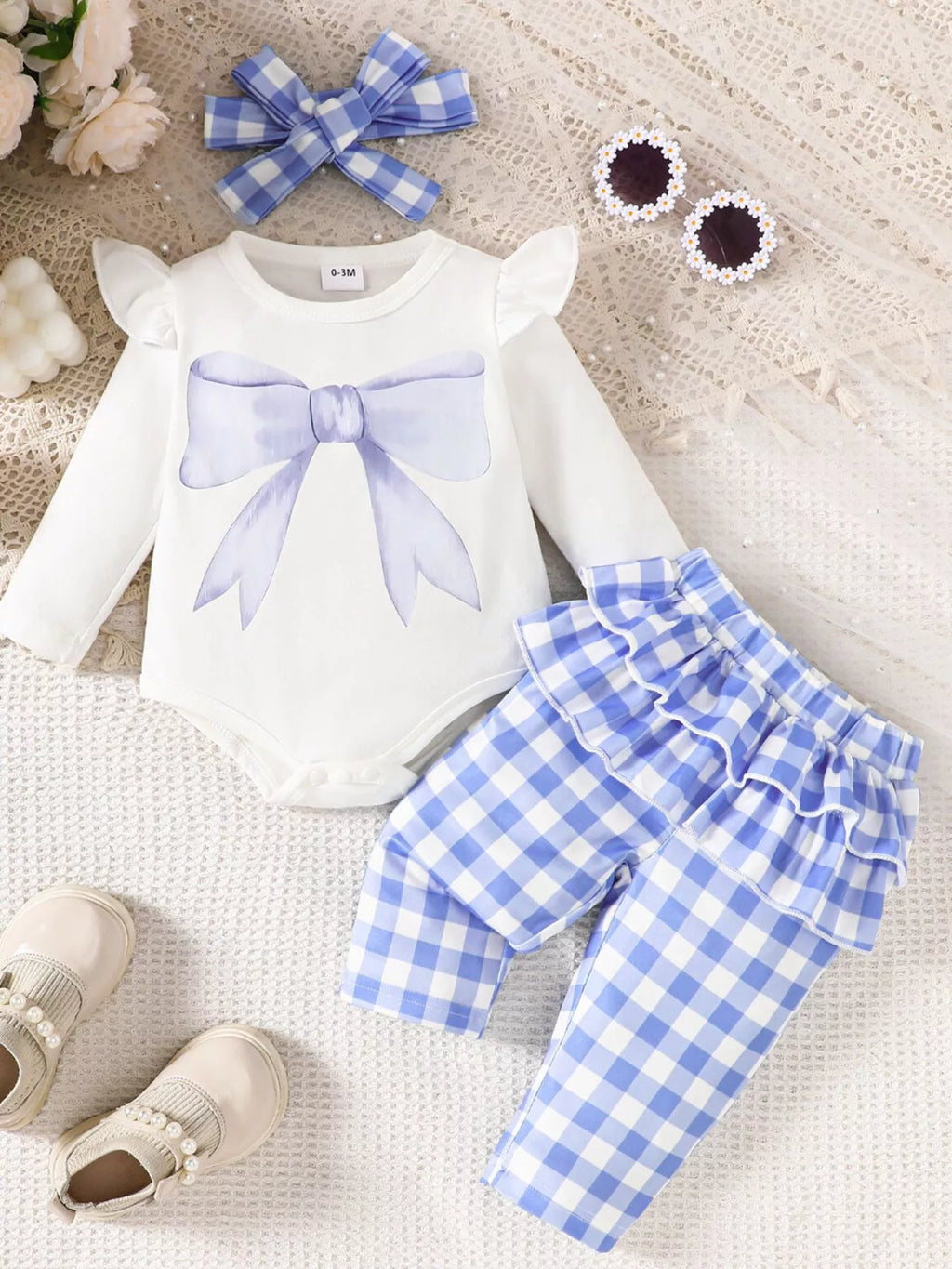 Children's Ruffled Bow Graphic Bodysuit and Pants Set with Headband