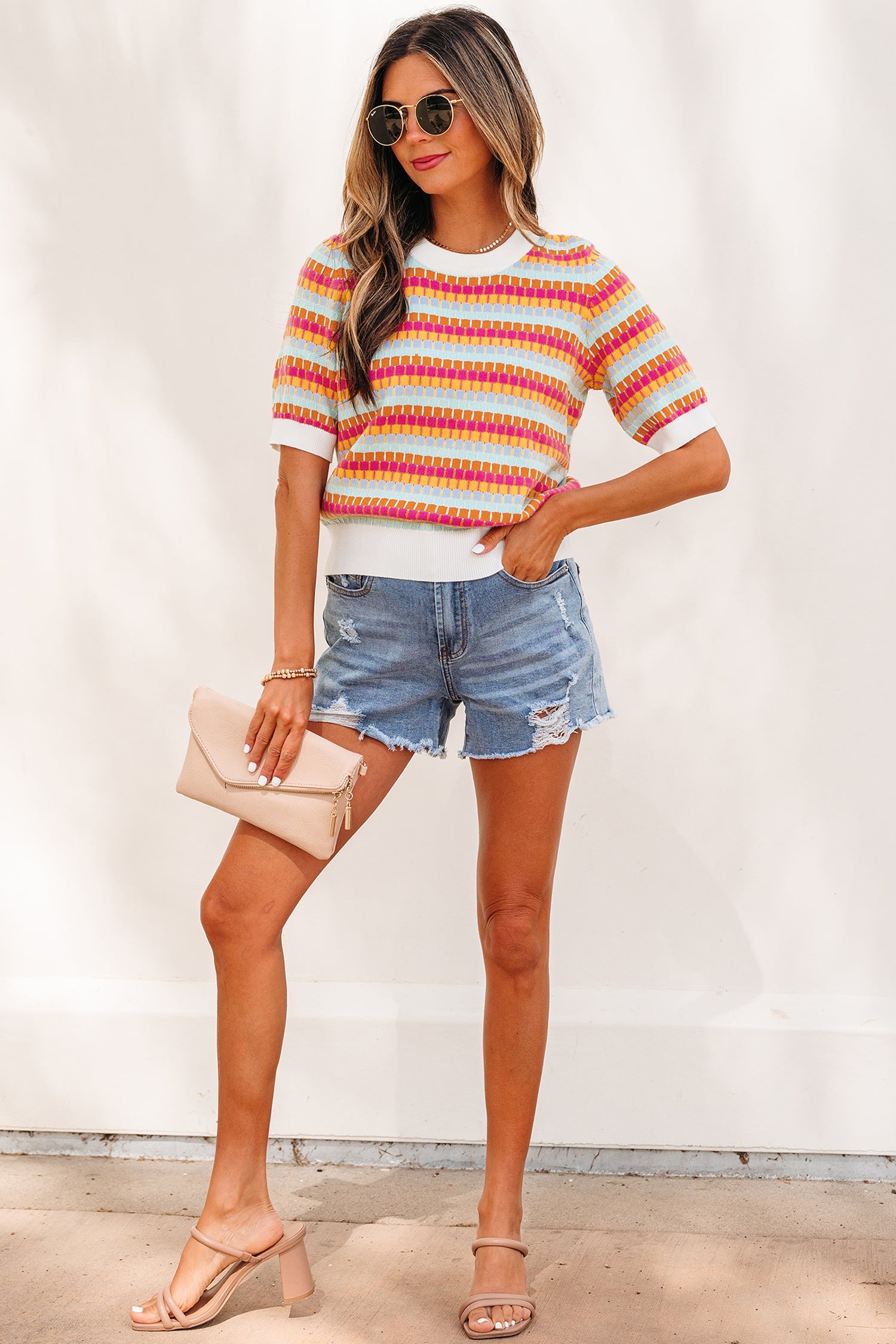 Orange Abstract Striped Knit Short Sleeve Sweater