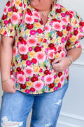 Pink Plus Size Flower Print Split V Neck Puff Short Sleeve Top