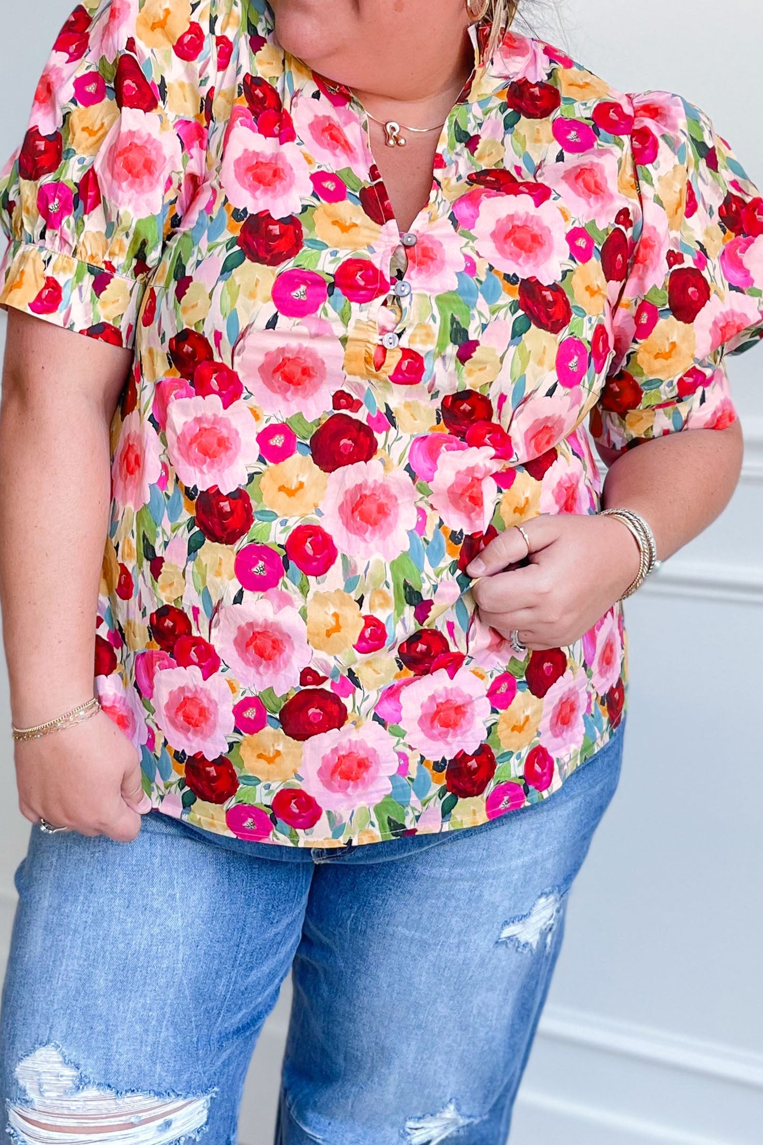 Pink Plus Size Flower Print Split V Neck Puff Short Sleeve Top