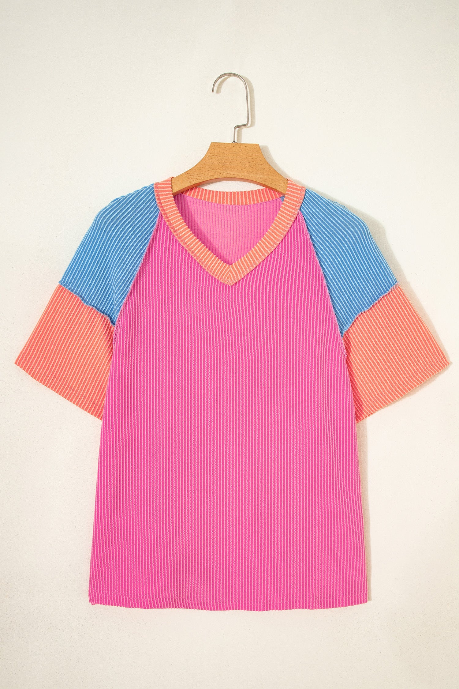 Rose Red Color Block Twisted Ribbed Tee