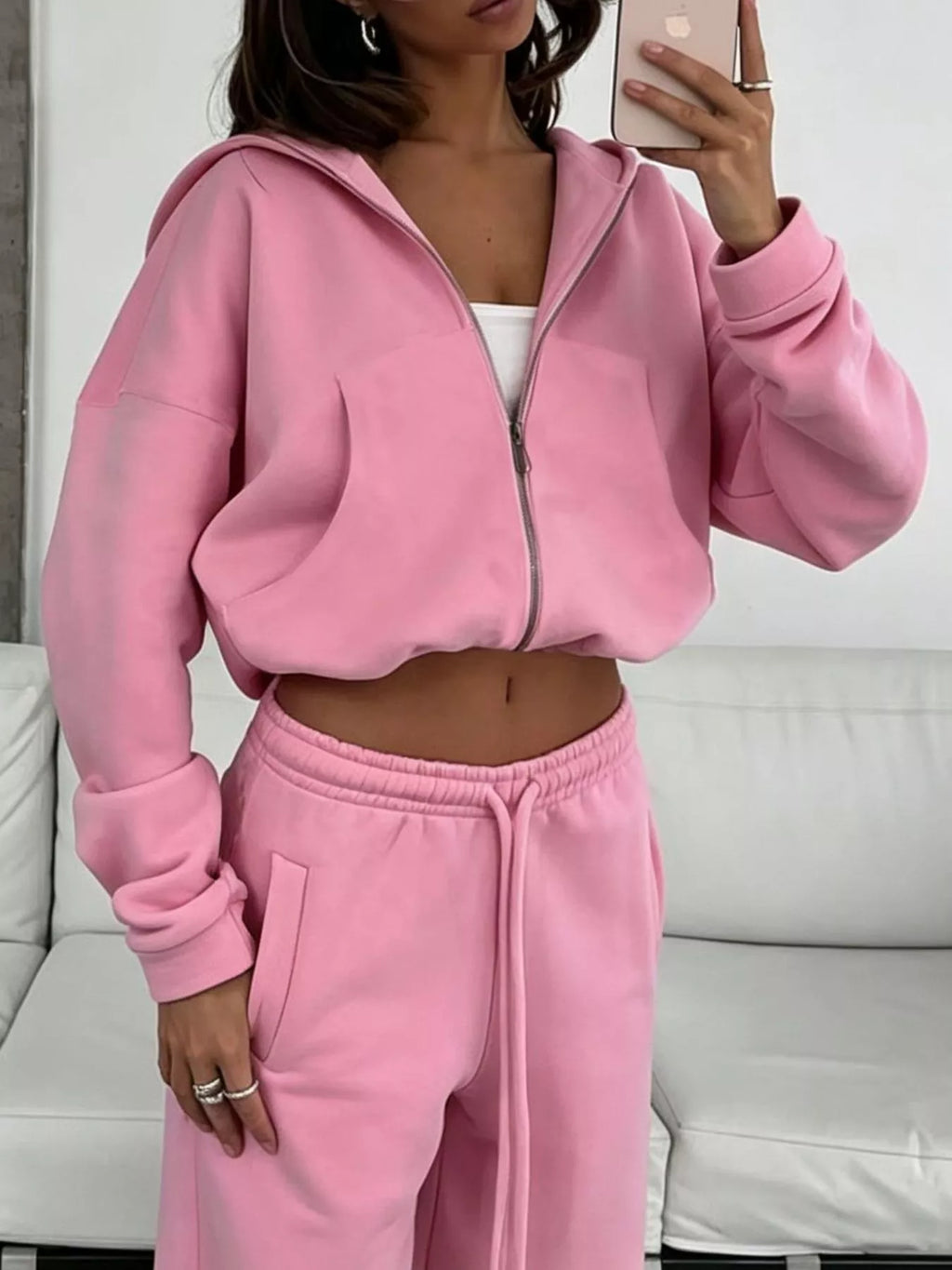 Casual Zip-Up Hoodie and Wide-Leg Sweatpants Set