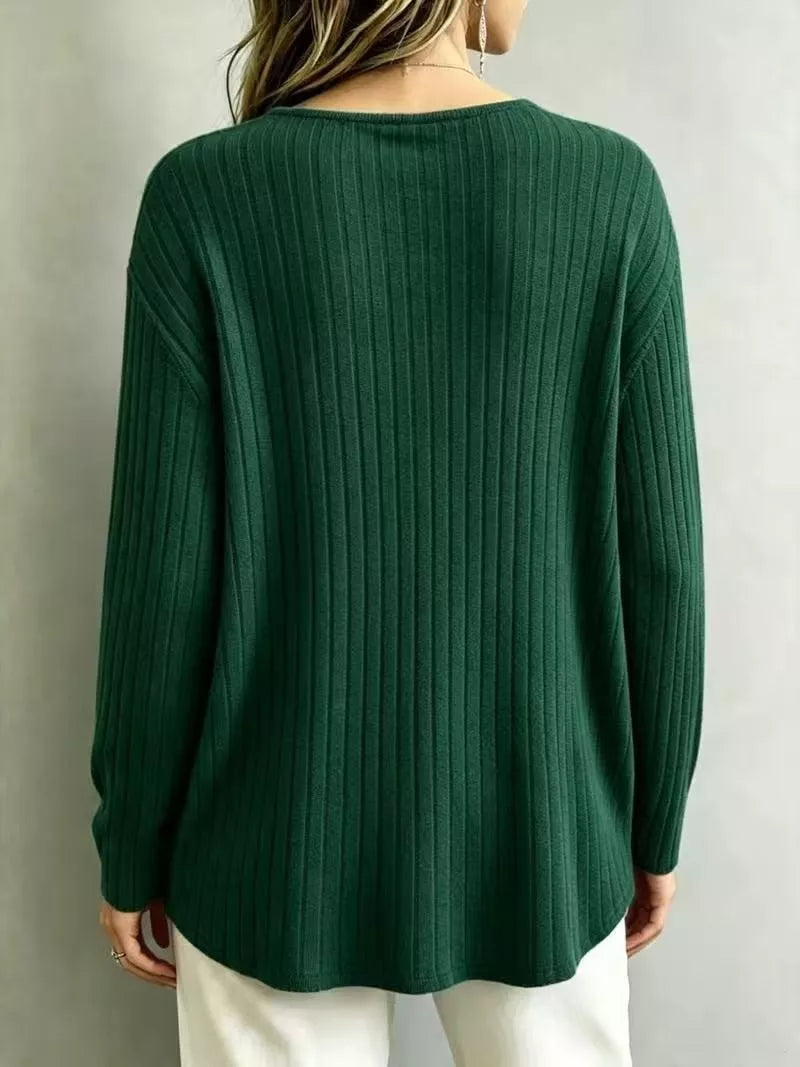 V-Neck Ribbed Long Sleeve T-Shirt