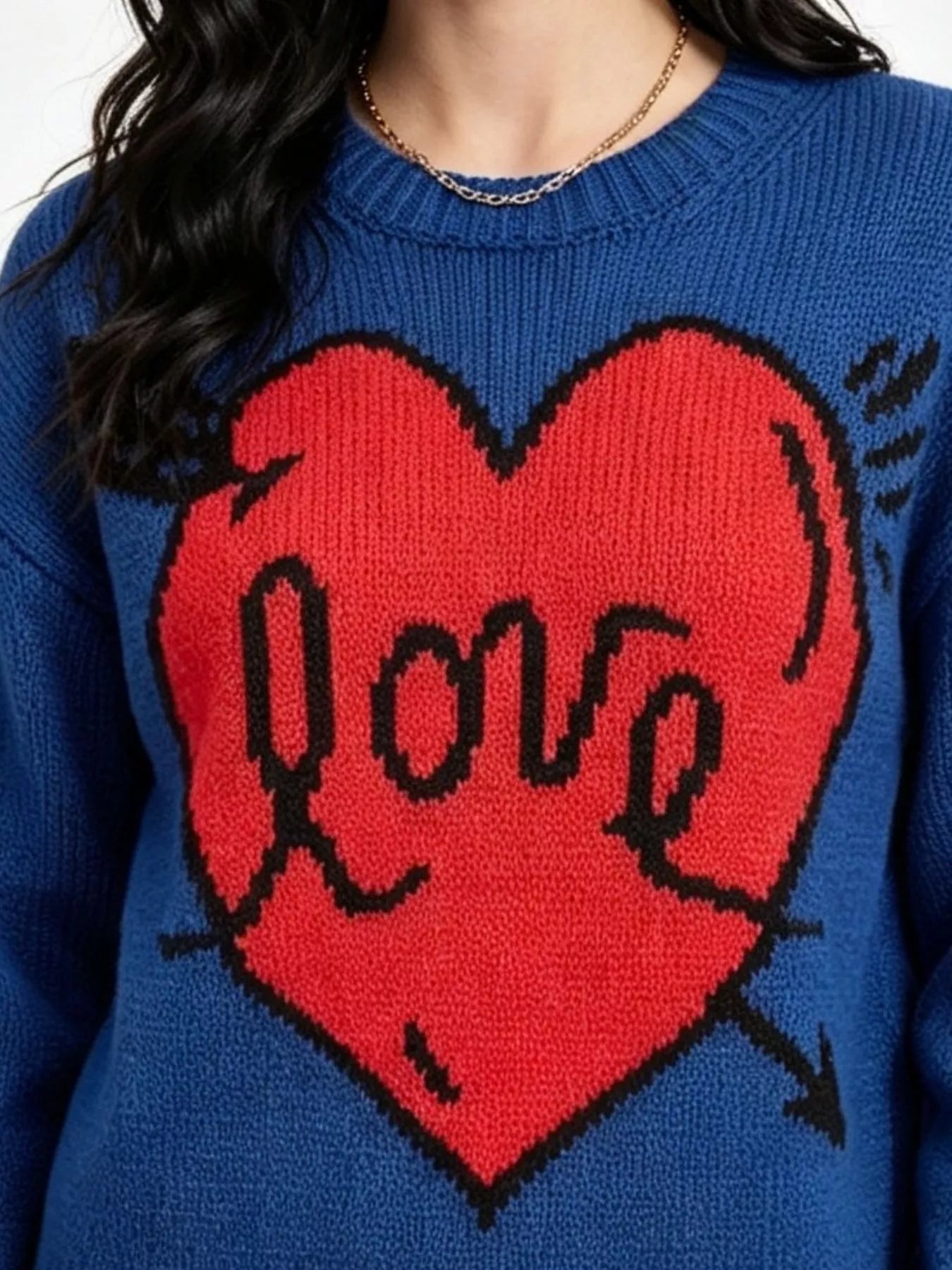 Heart Round Neck Ribbed Sweater