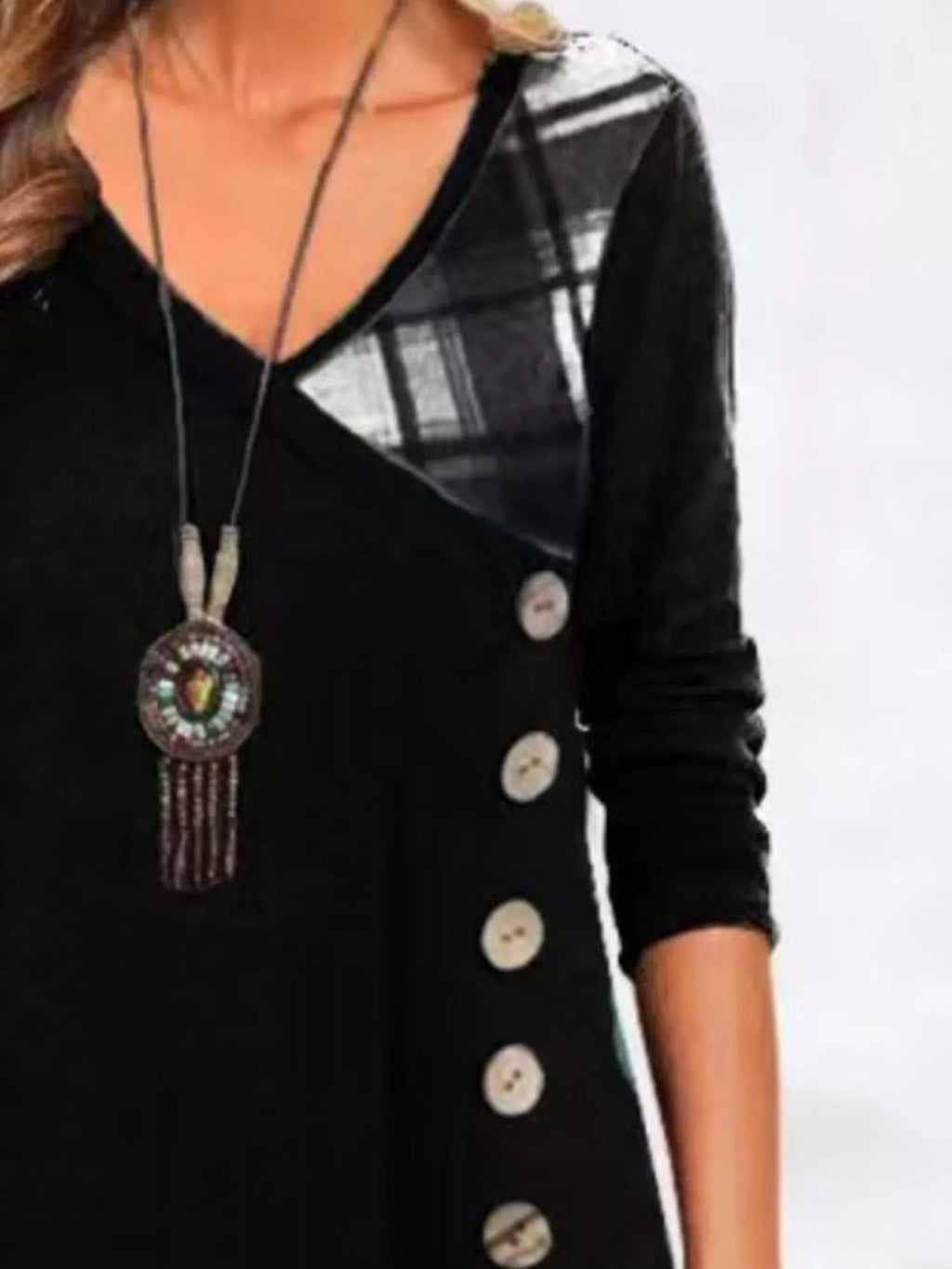 Full Size Asymmetrical Plaid Patchwork Long Sleeve Dress Plus Size