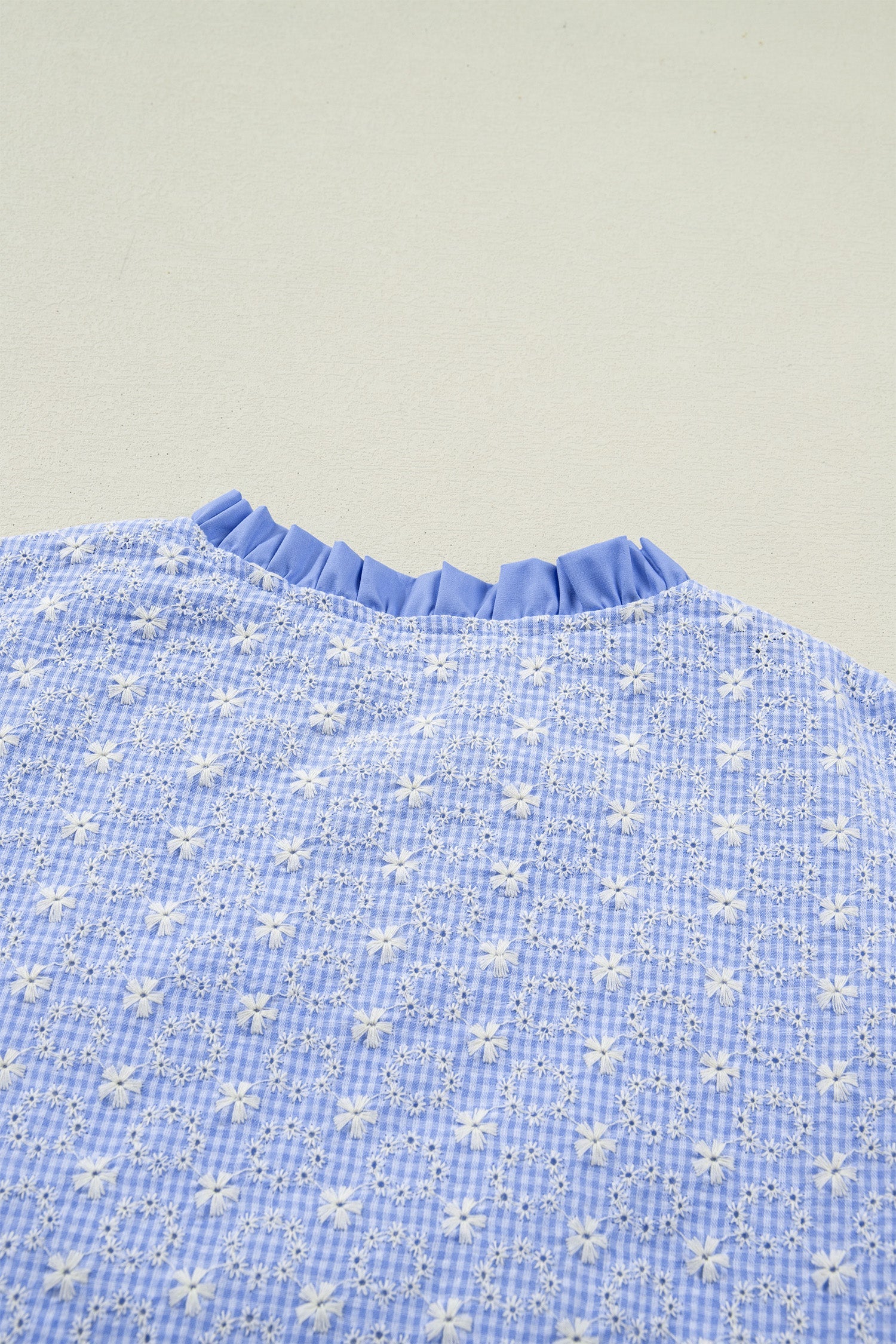 Beau Blue Eyelet Embroidered Flower Texture Contrast Lace Trim Flutter Sleeve Blouse