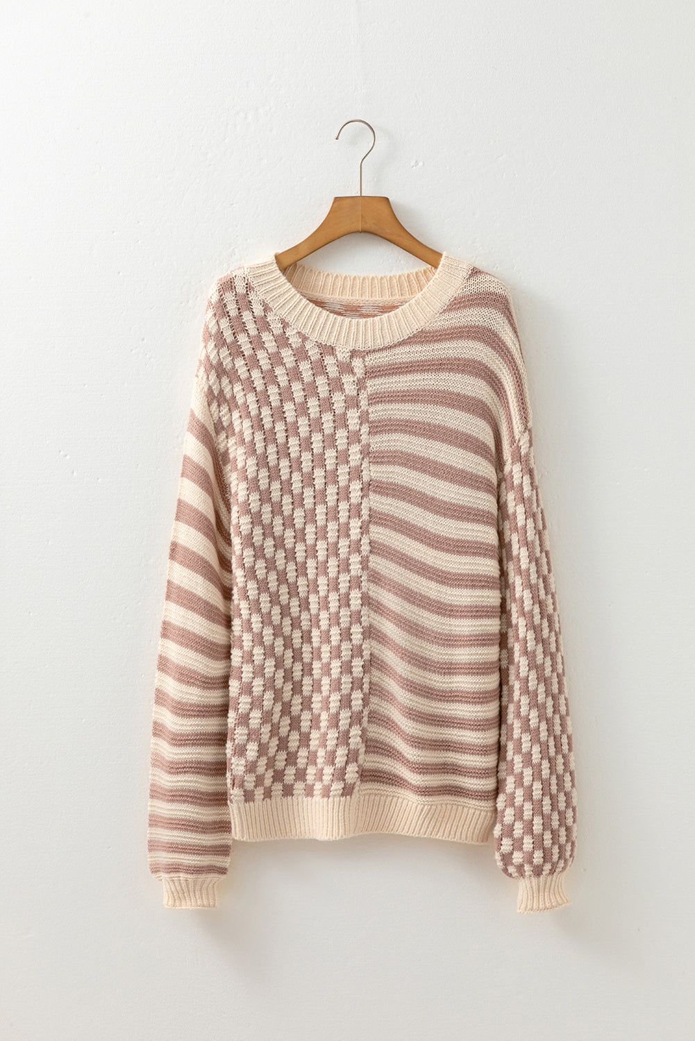 Stripe Checker Balloon Sleeve Sweater