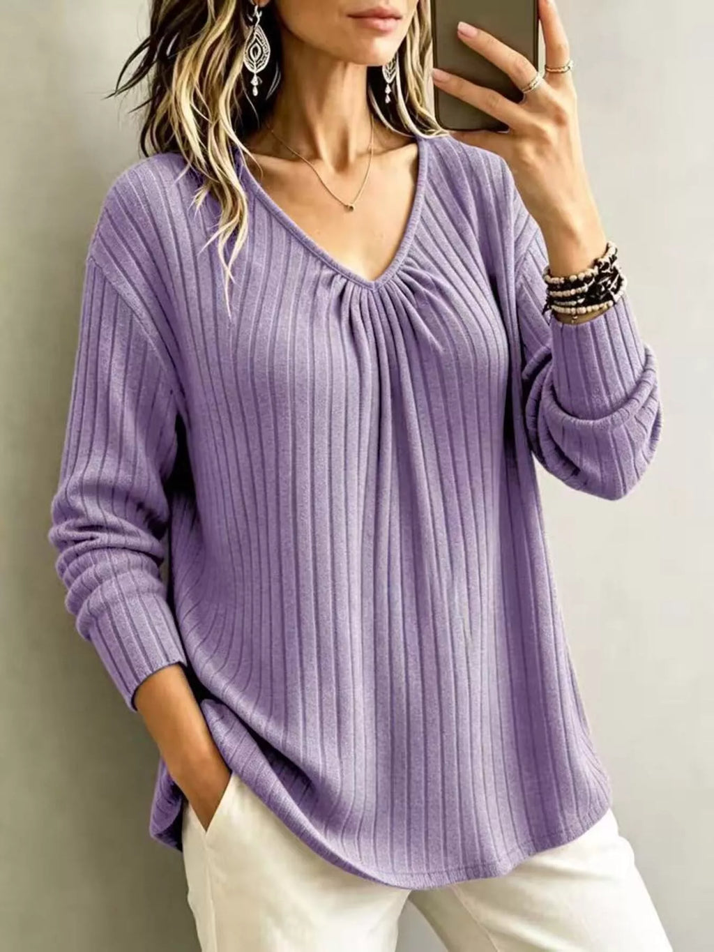 V-Neck Ribbed Long Sleeve T-Shirt