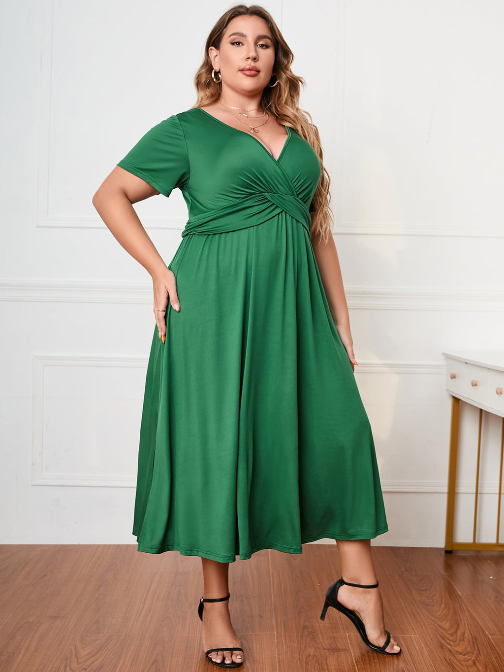 Short Sleeve Surplice Neck Midi Dress