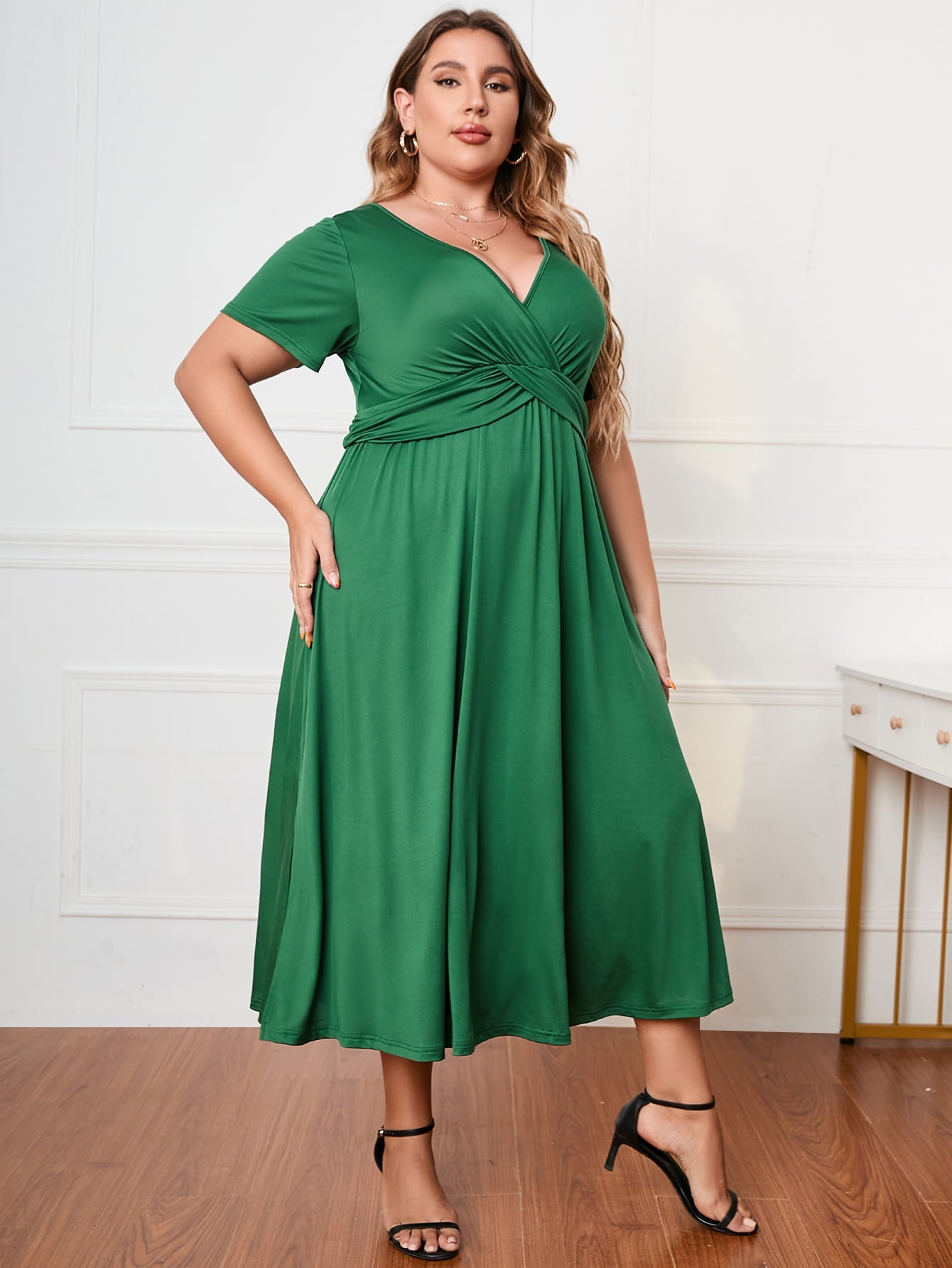 Short Sleeve Surplice Neck Midi Dress