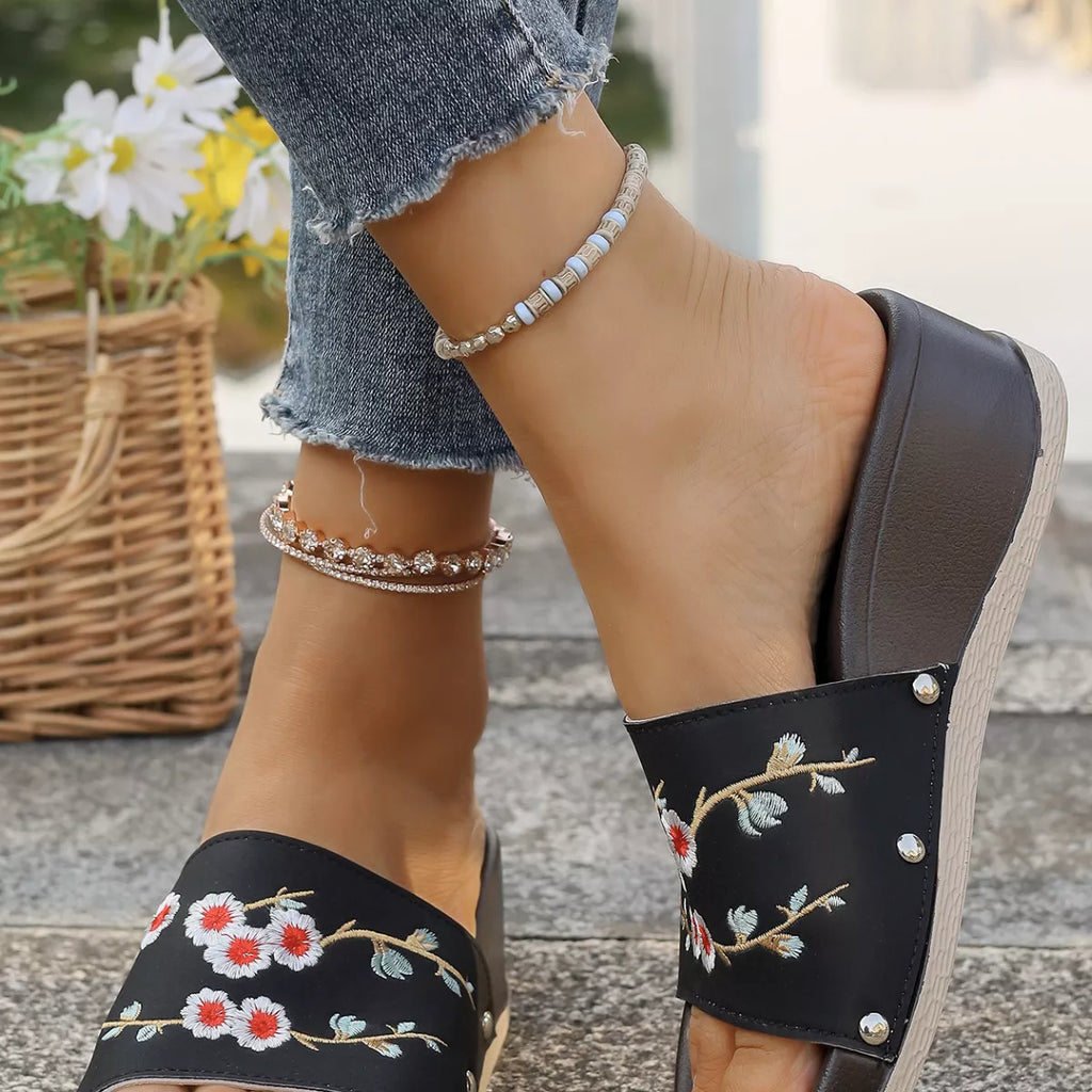 Floral Embroidered Wedge Sandals