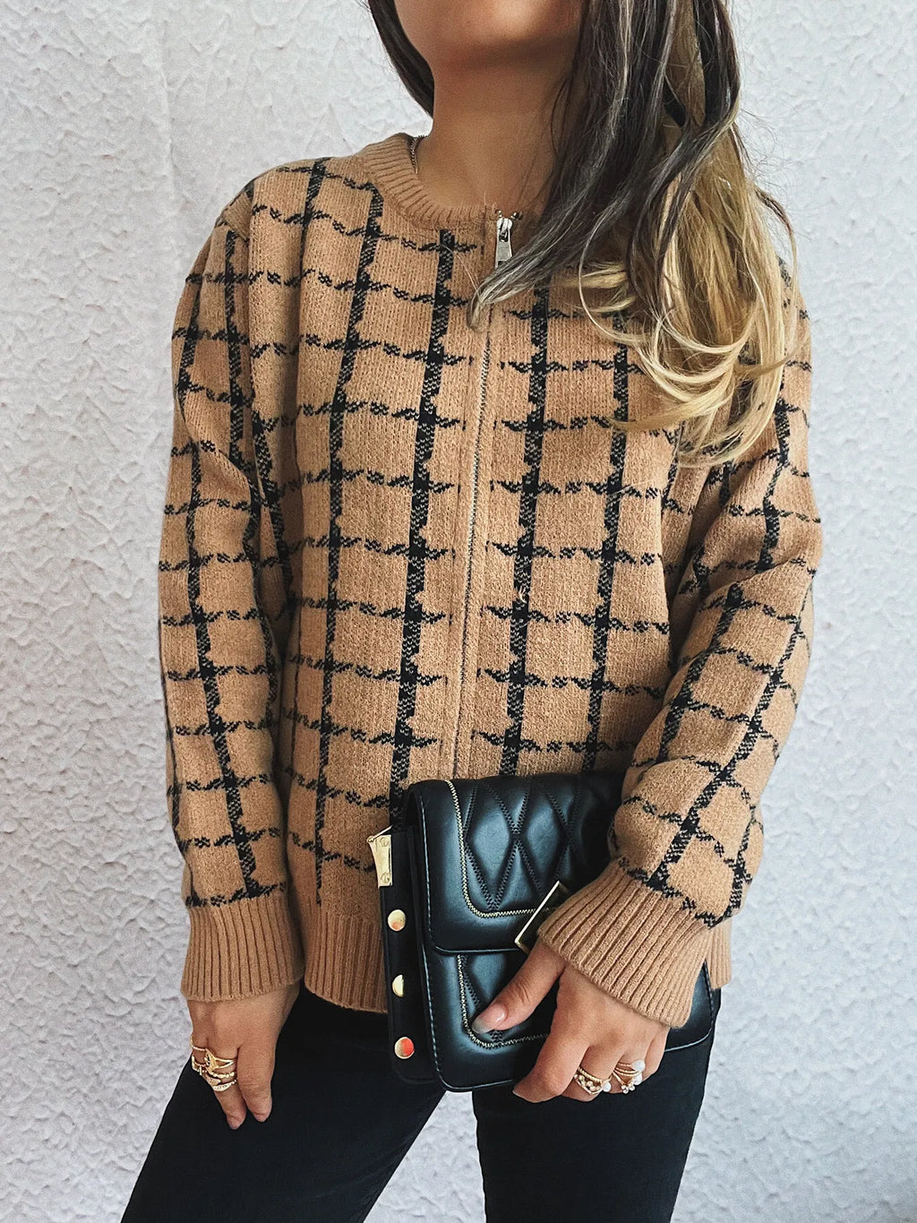 Plaid Zip-Up Cardigan with Gentle Stretch