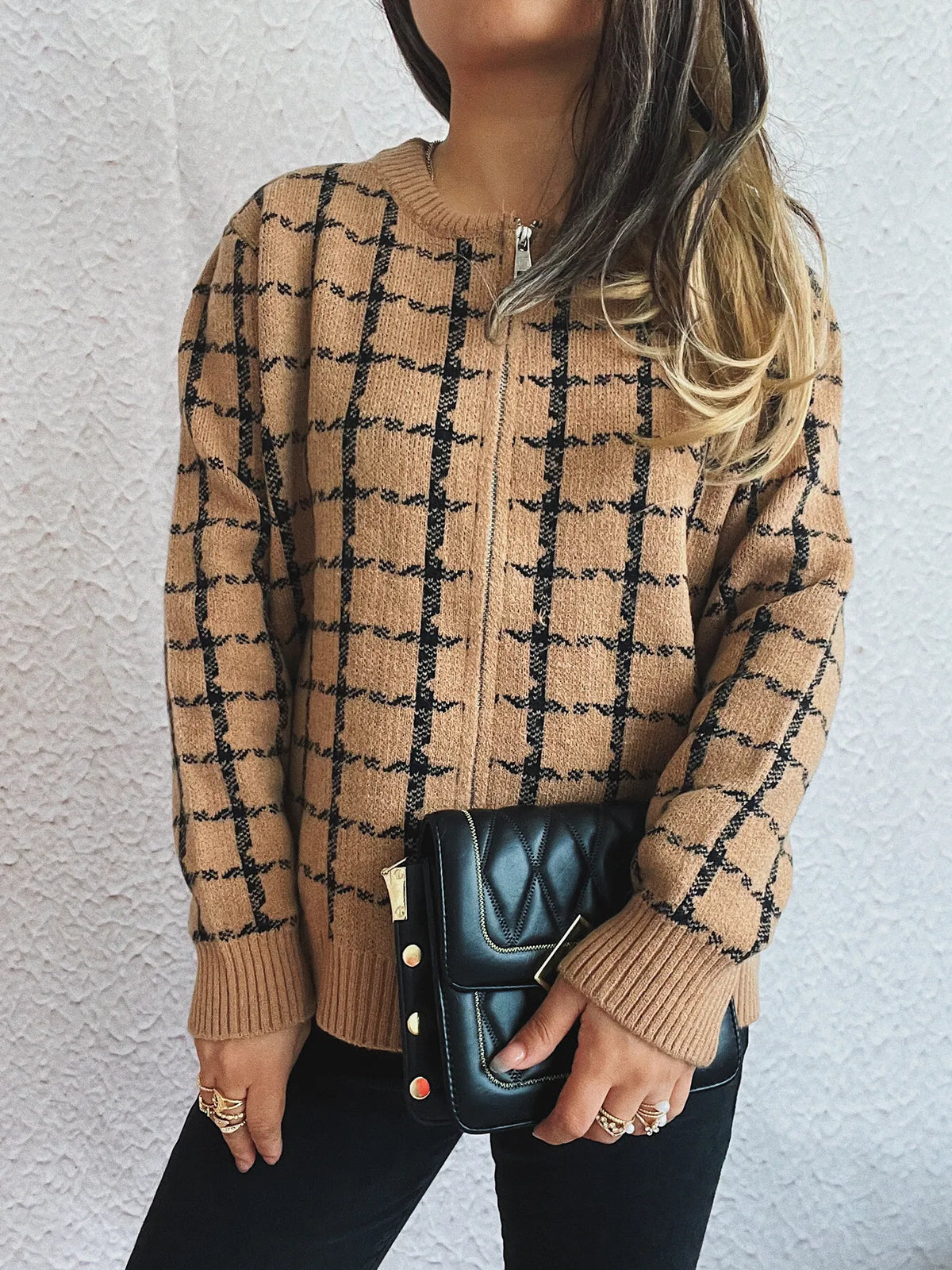 Plaid Zip-Up Cardigan with Gentle Stretch