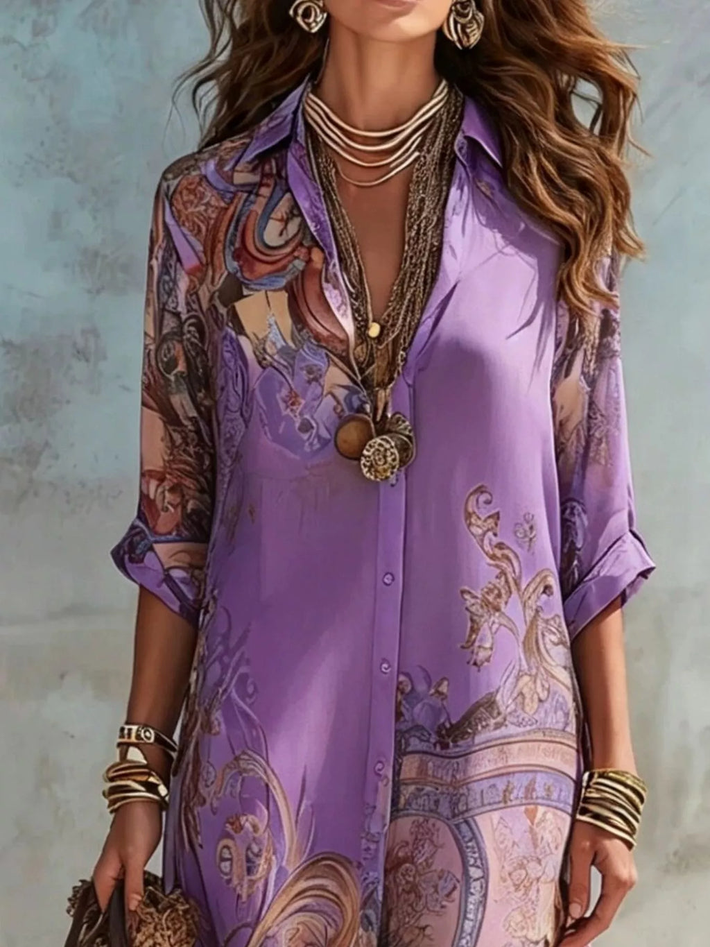 Full Size Printed Button-Down Maxi Shirt Dress Plus Size