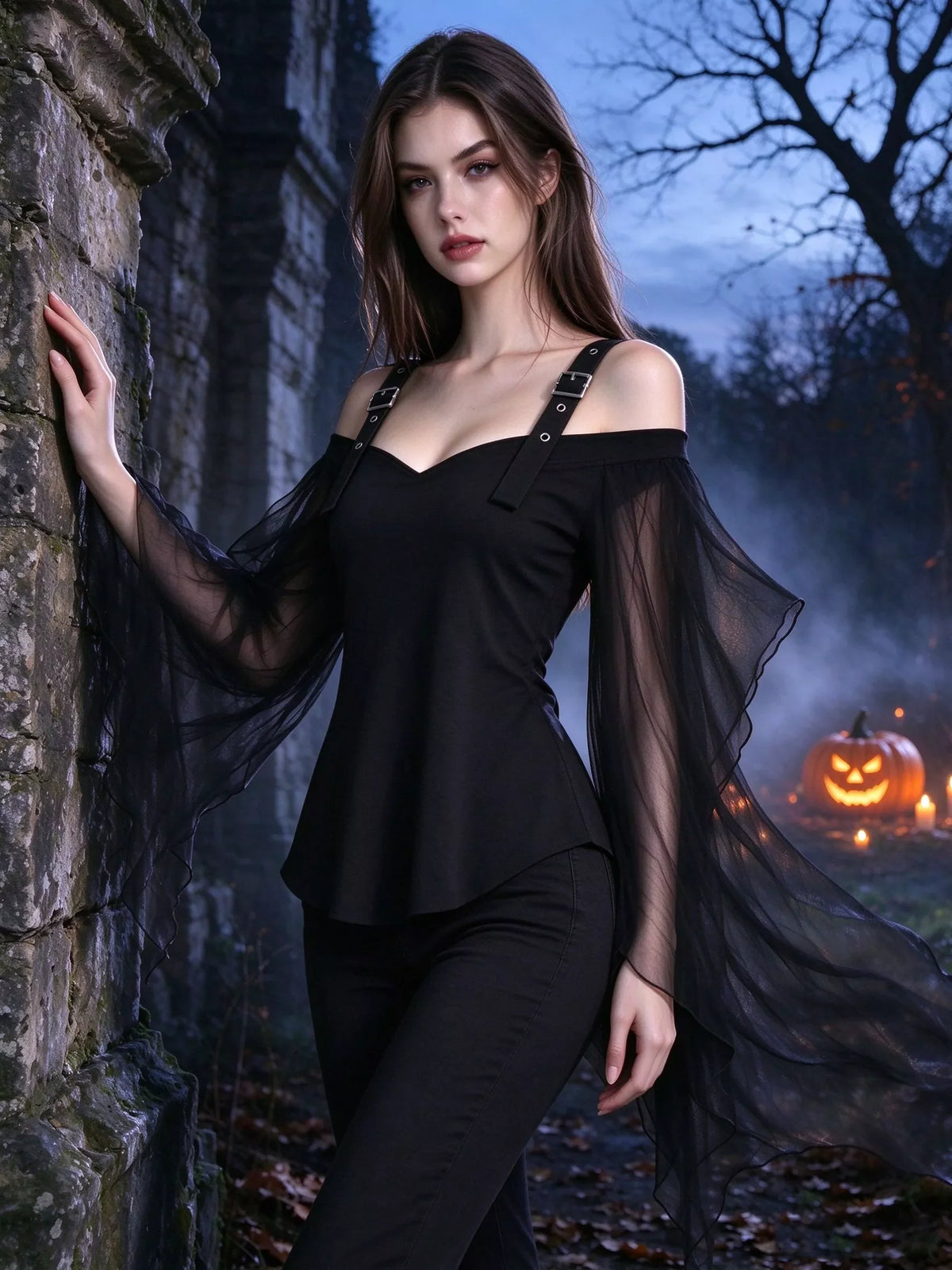 Halloween Gothic Buckle Strap Mesh Sleeve Top