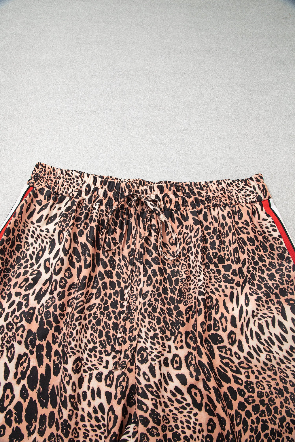 Khaki Leopard Print Colorblock Side Stripes Wide Leg Full Length Plus Size Pants