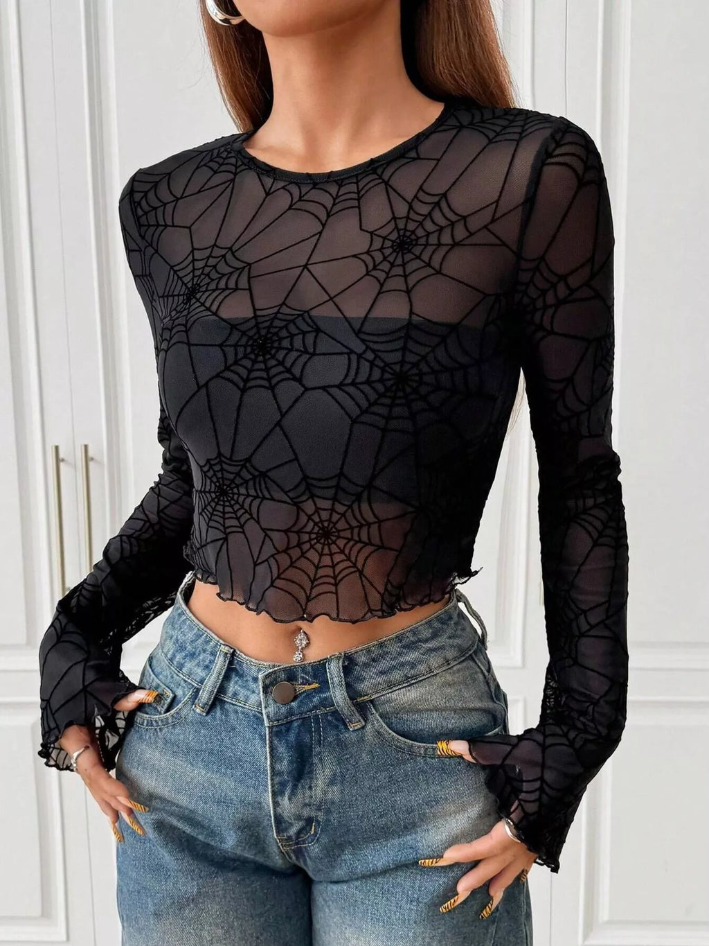 Spiderweb Print Sheer Mesh Long Sleeve Top
