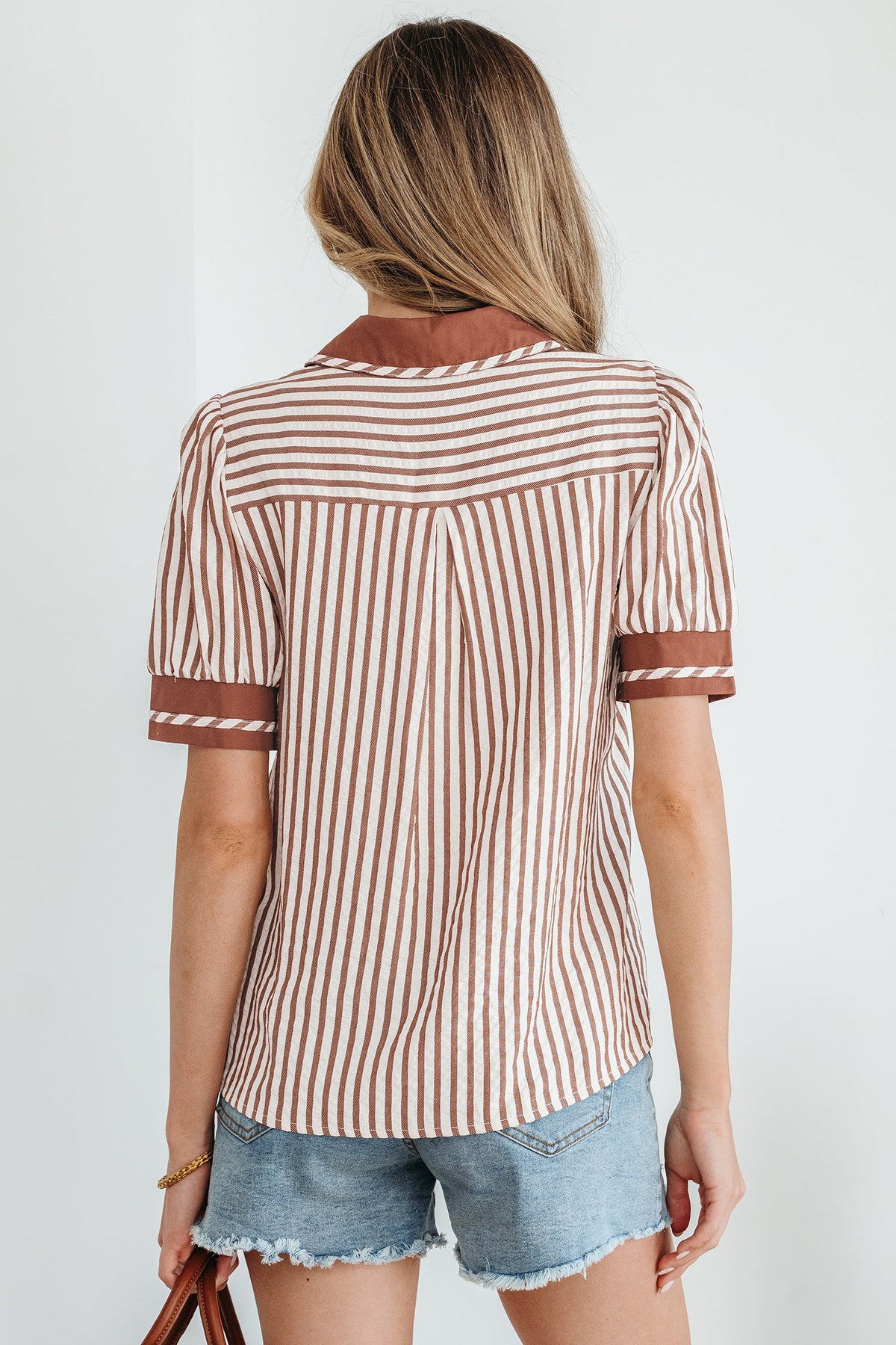 Stripe Collared V-Neck Bubble Sleeve Blouse