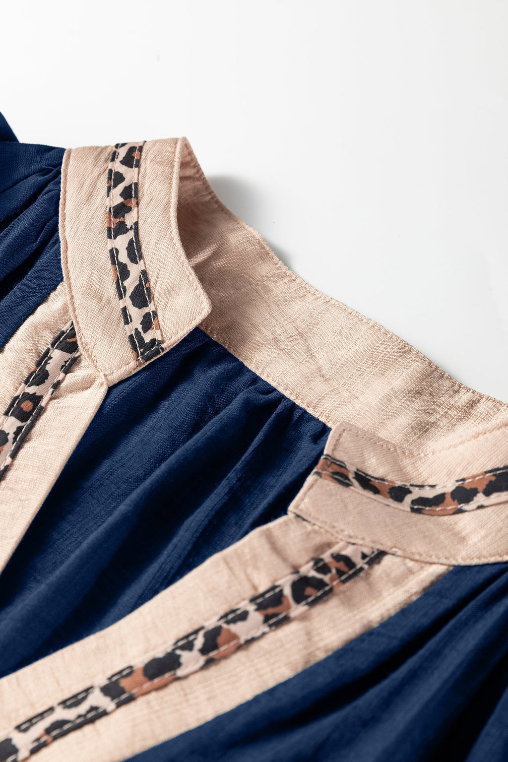 Leopard Trim Flounced  3/4 Sleeve V-Neck Blouse