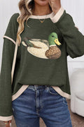 Duck Graphic Contrast Trim Patchwork Casual Knit Top