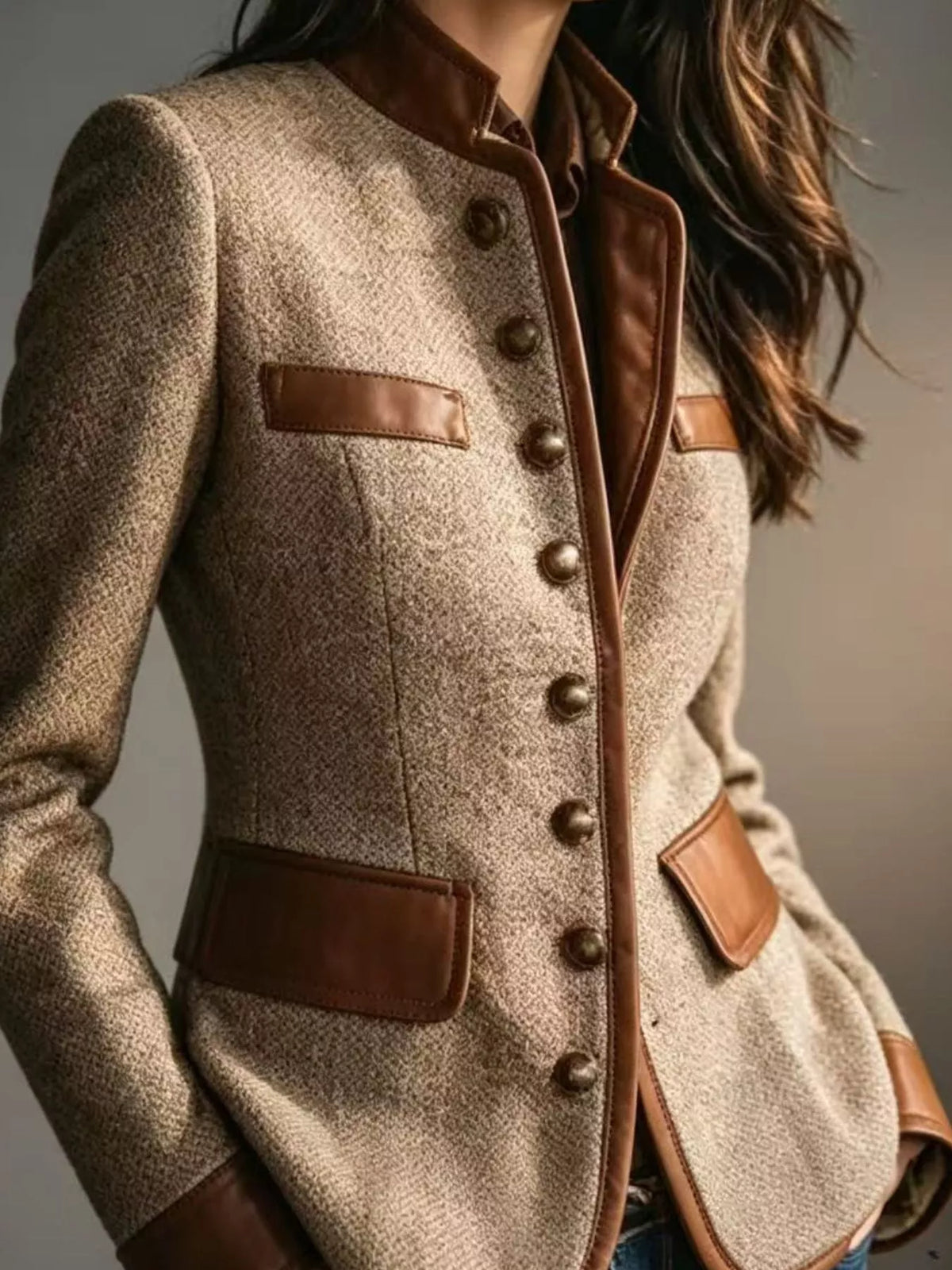 Full Size Contrast Trim Tweed Outerwear Plus Size