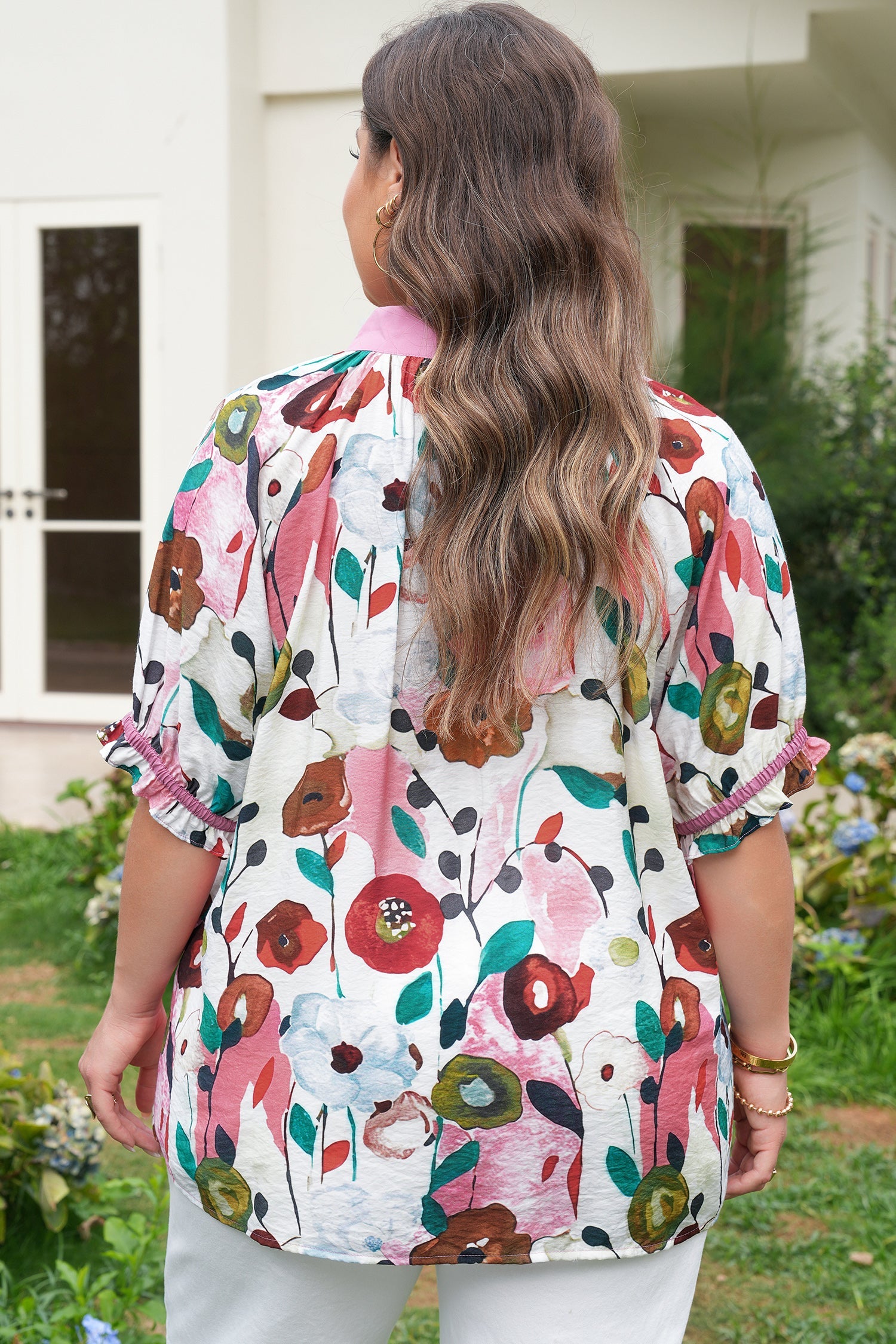 Pink V Neck Short Puff Sleeve Floral Blouse