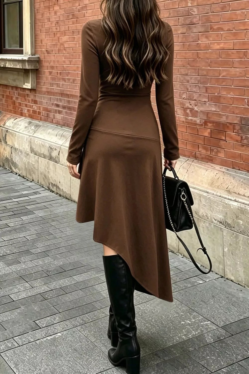 Ruched Asymmetrical Hem Long Sleeve Dress