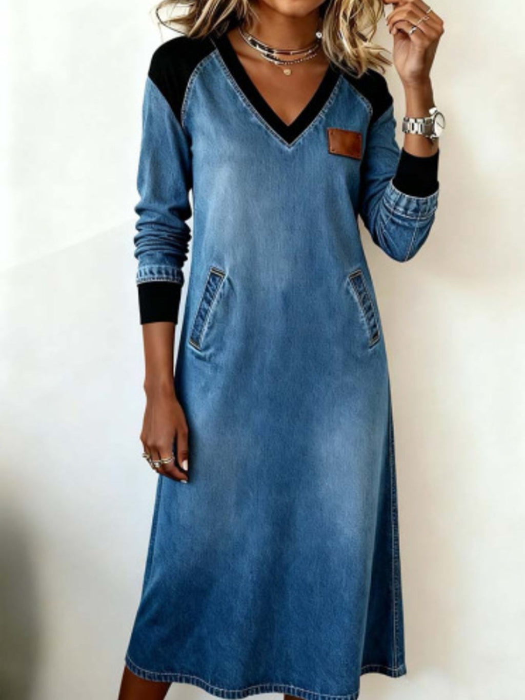 Full Size Contrast V-Neck Midi Dress Plus Size