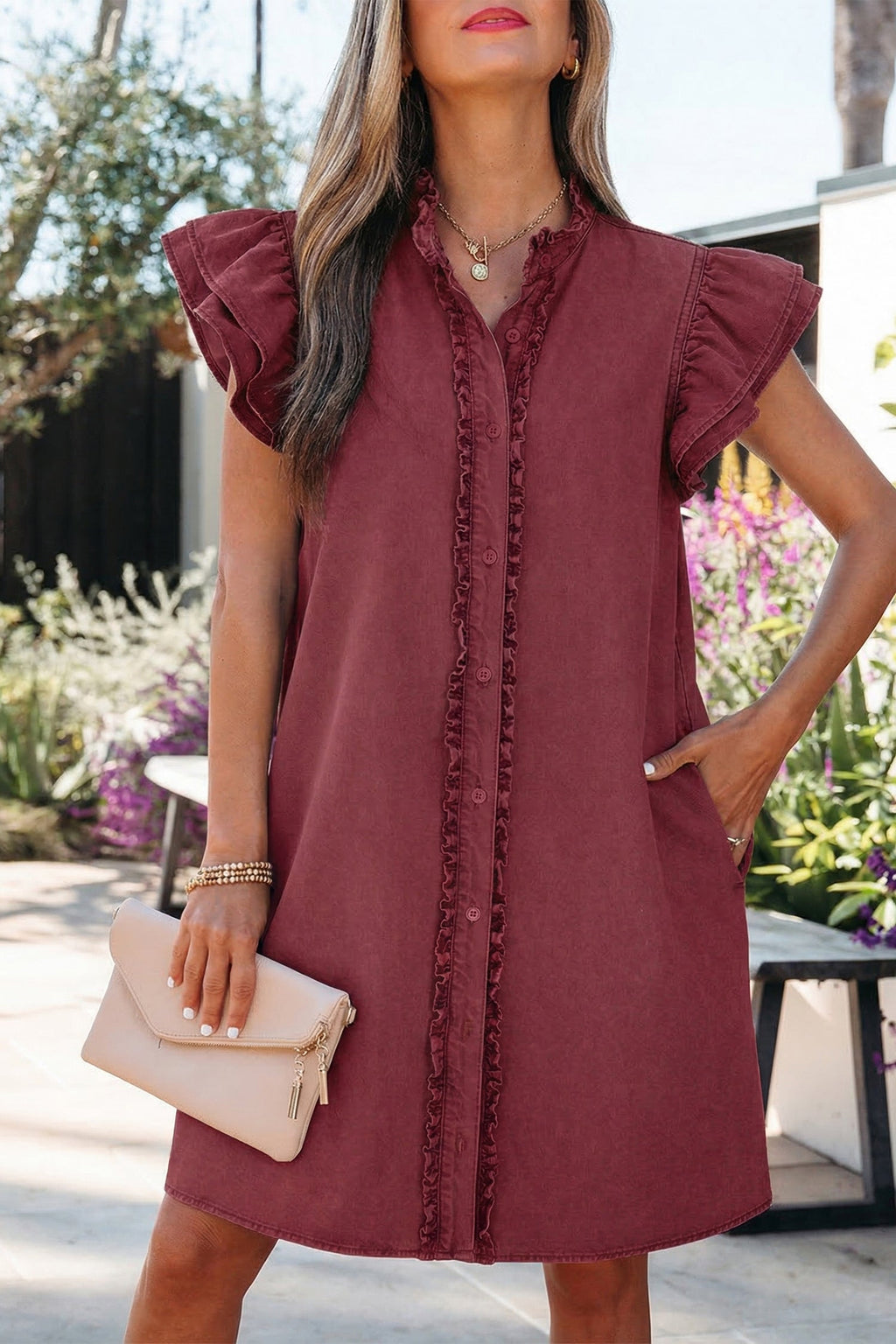 Red Sandalwood Frilled Detail Button Down Ruffle Short Sleeve Denim Mini Dress