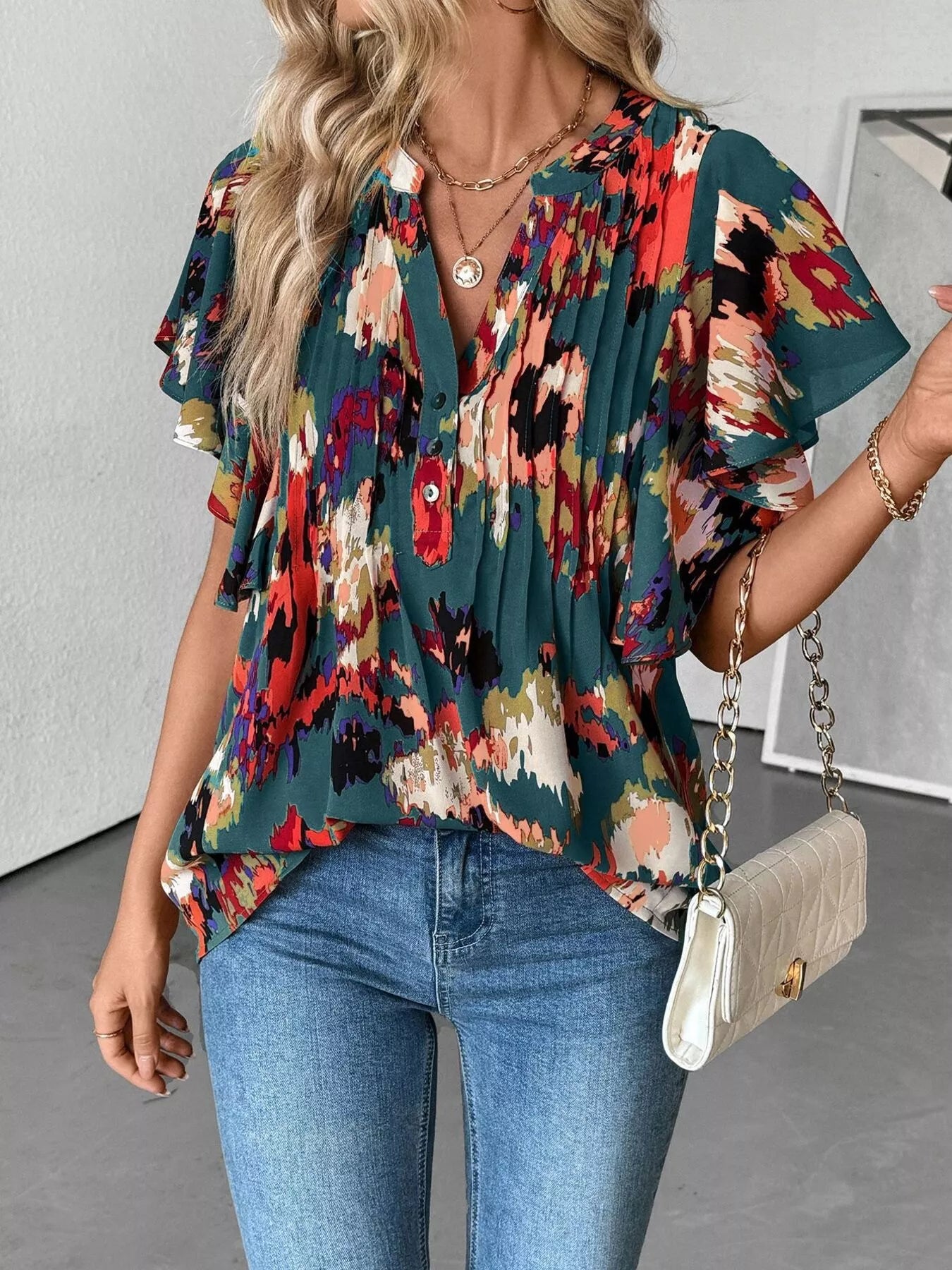 Abstract Print Ruffle Sleeve Blouse