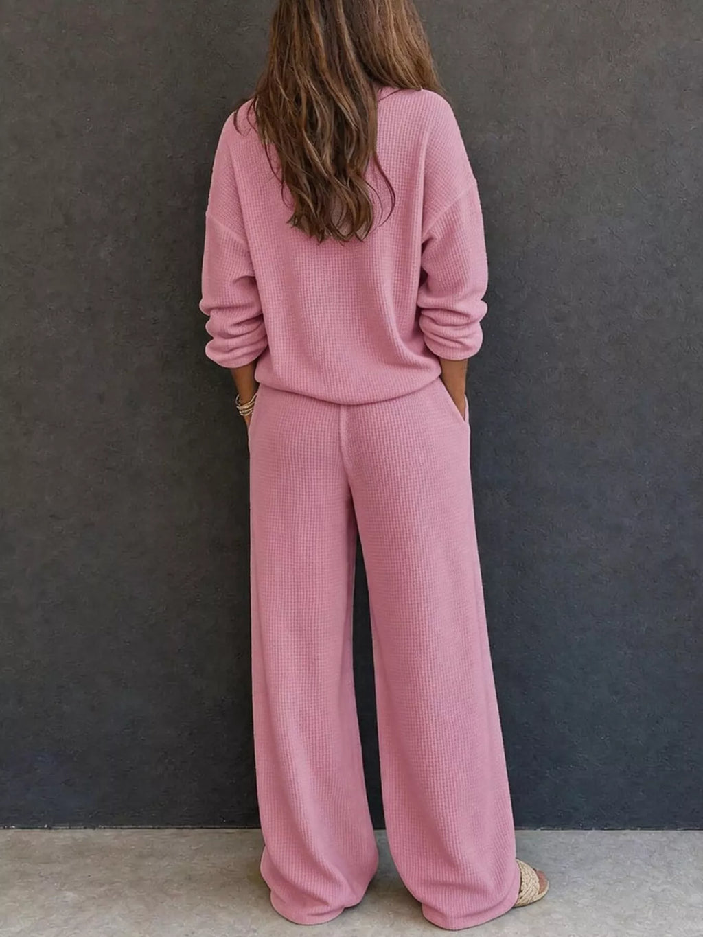 Waffle Knit Button Detail Top and Pants Set