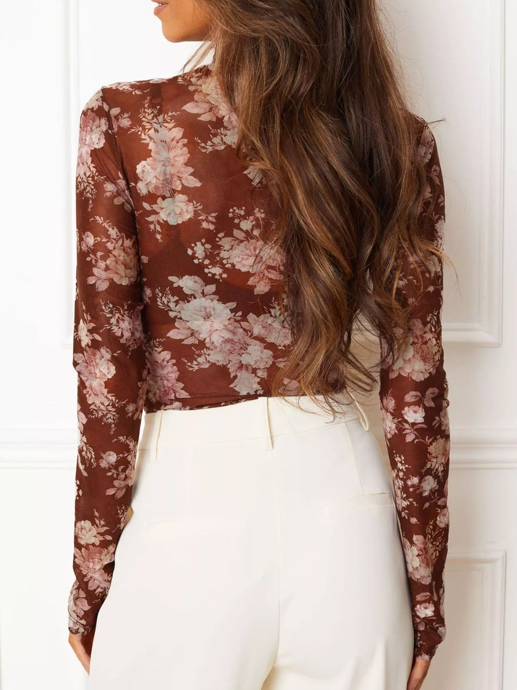 Floral Print Sheer Mesh Long Sleeve Mock Neck Top