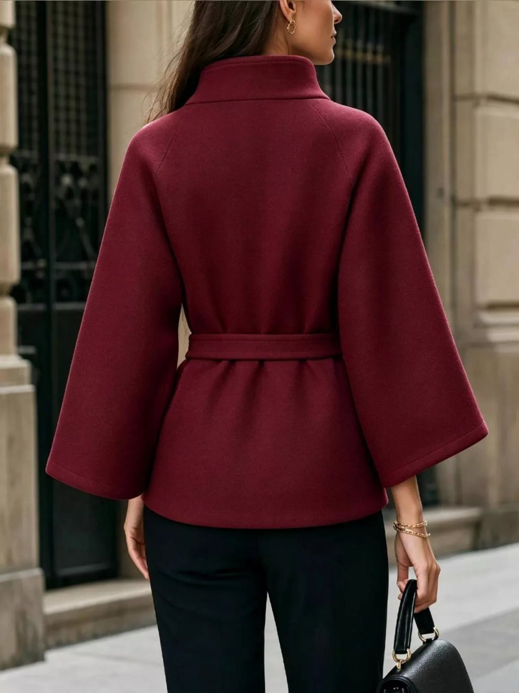 Button Down Cape Coat with Belted Waist