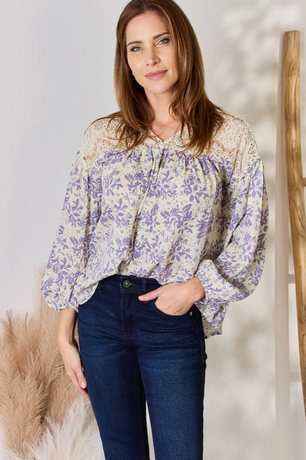 Lace-Detailed Printed Blouse