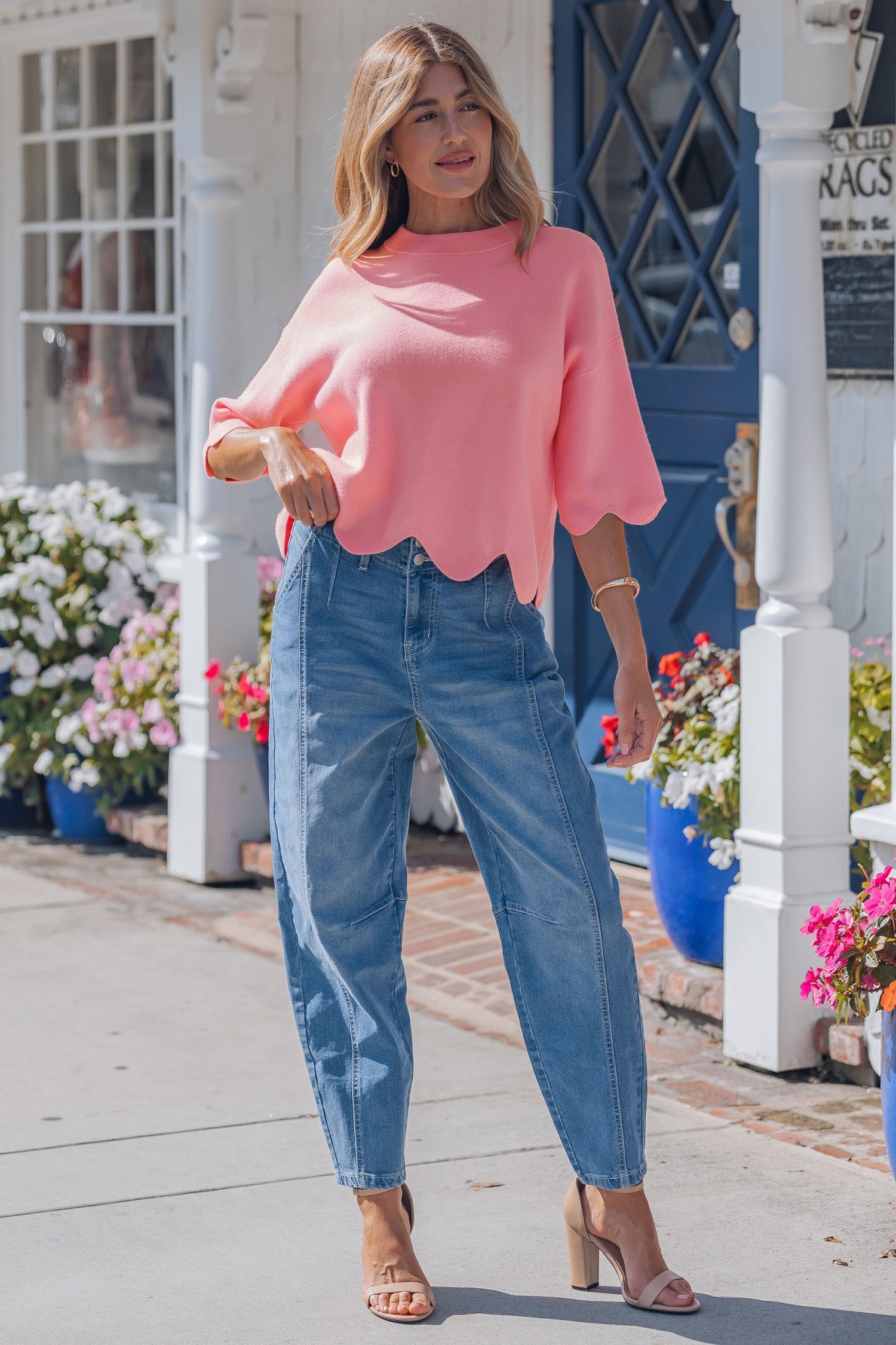 Pink Scalloped Hem 3/4 Sleeve Sweater Top