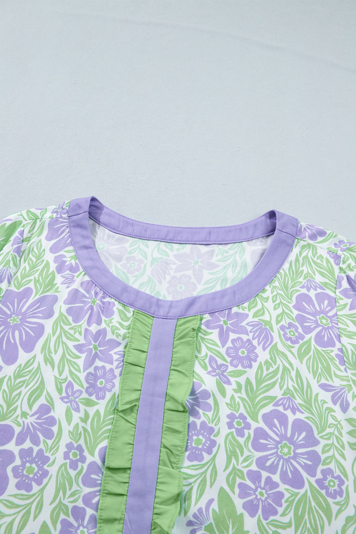 Purple Floral Print Ruffled Color Block Trim Half Sleeve Blouse
