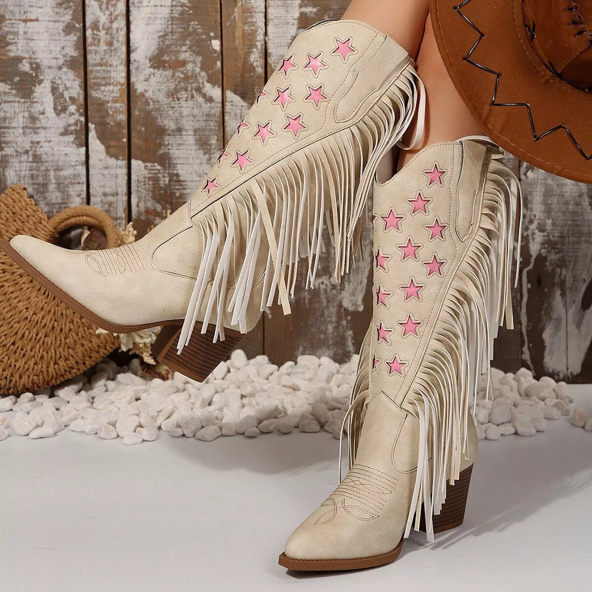Star Fringe Block Heel Boots