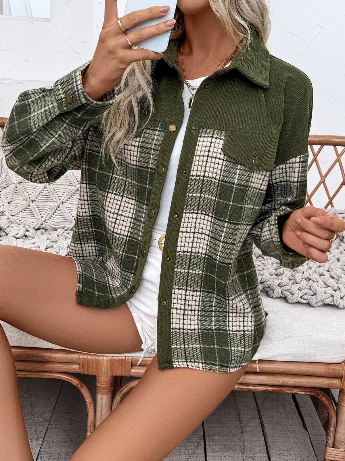 Plaid Button-Up Long Sleeve Shacket with Chest Pockets