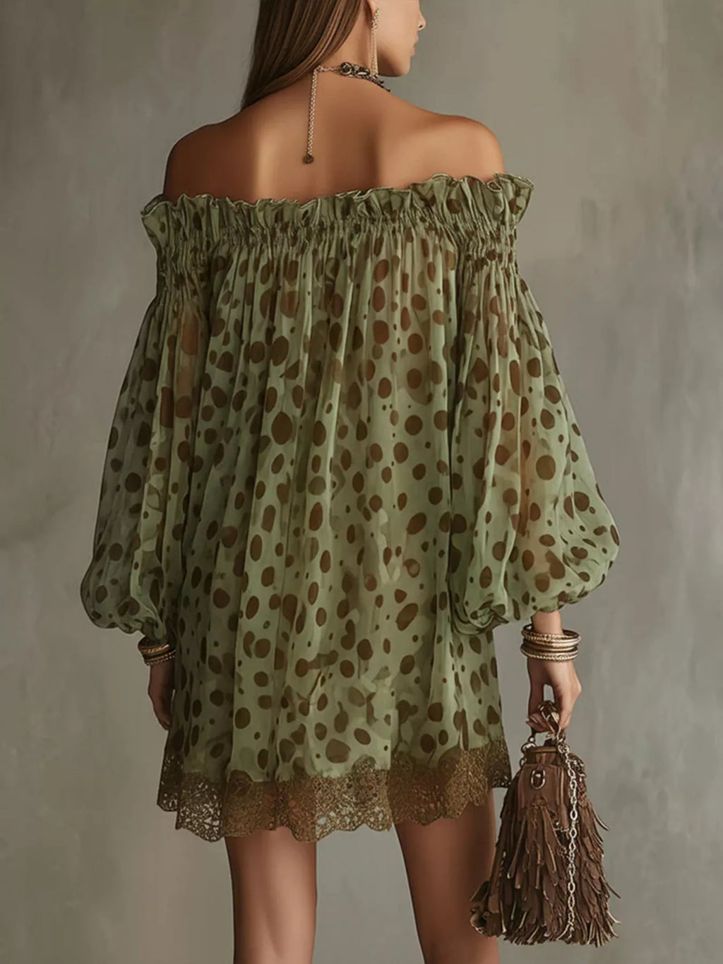 Off-Shoulder Polka Dot Sheer Mini Dress