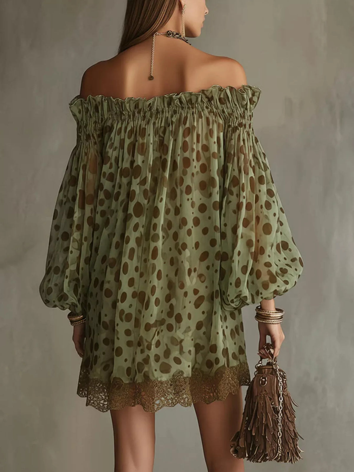 Off-Shoulder Polka Dot Sheer Mini Dress