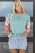 Multicolour Twisted Ribbed Knit Colorblock Henley Top