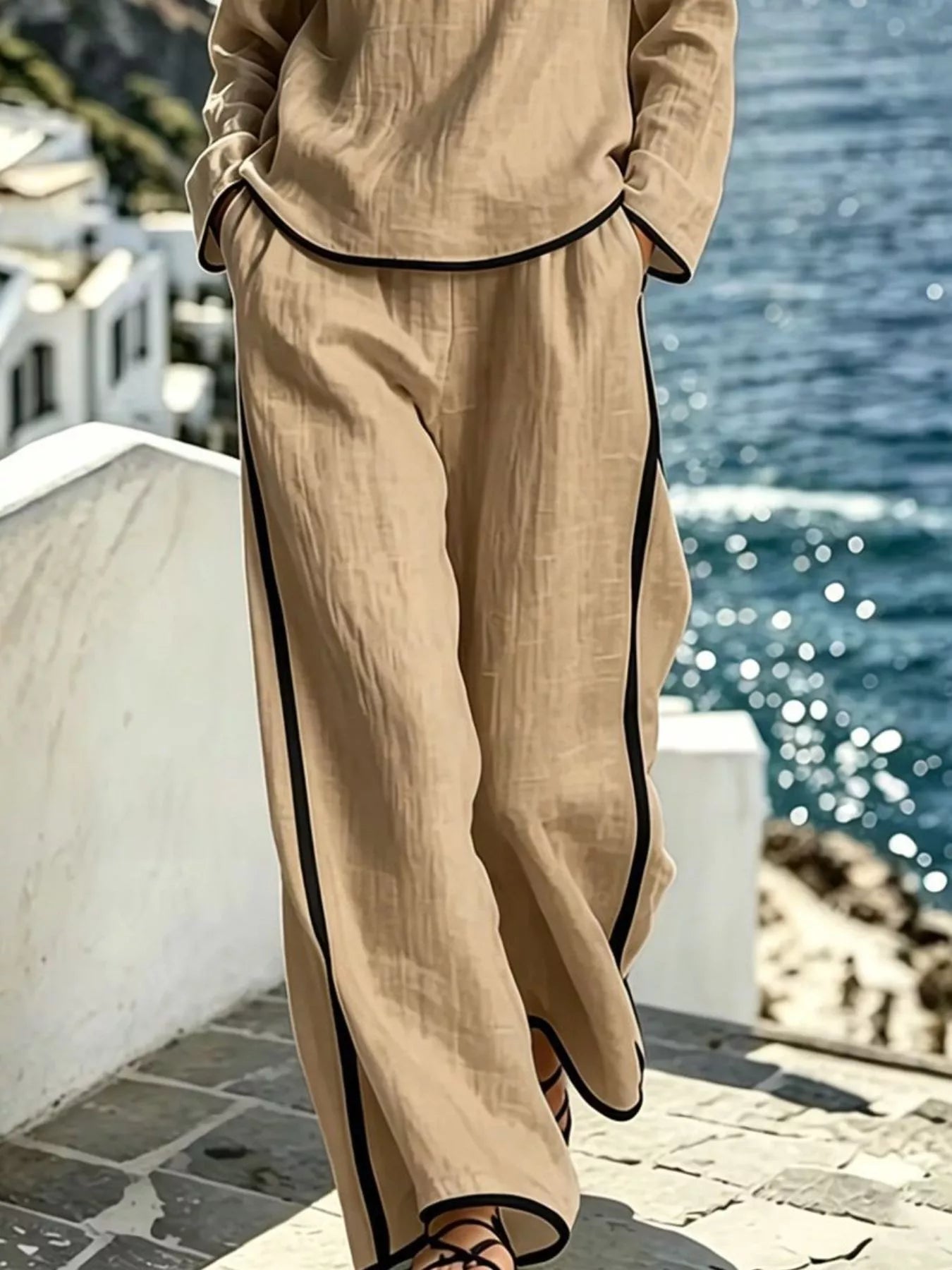 Contrast Trim Long Sleeve Top and Pants Set