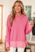 Rose Stripe Thumbhole Side Slits Drop Shoulder Loose Fit Hoodie
