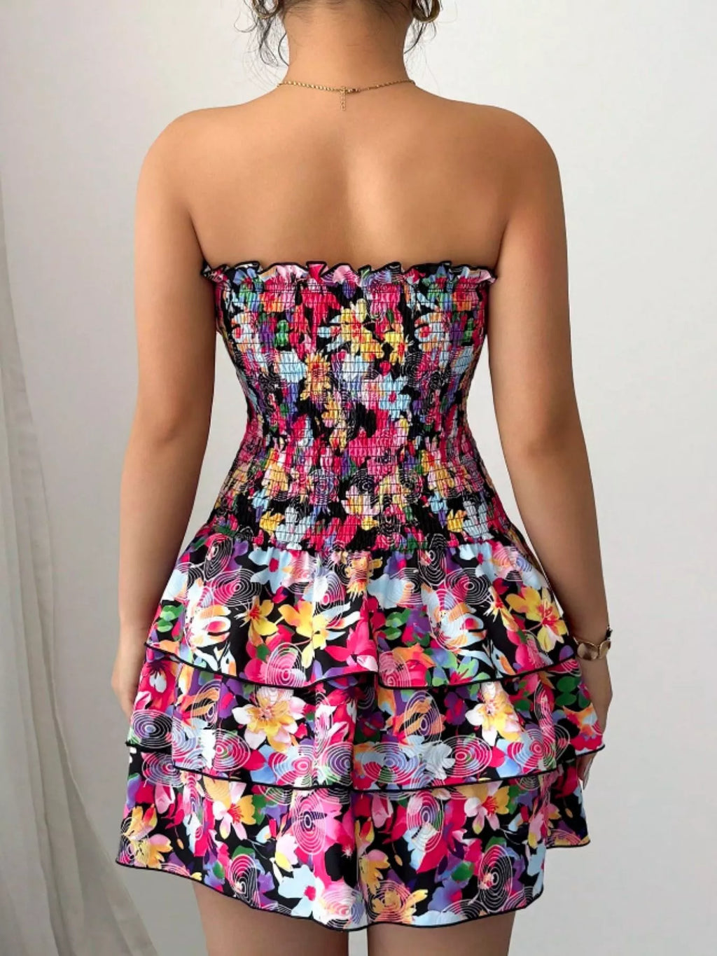 Strapless Smocked Floral Tiered Mini Dress