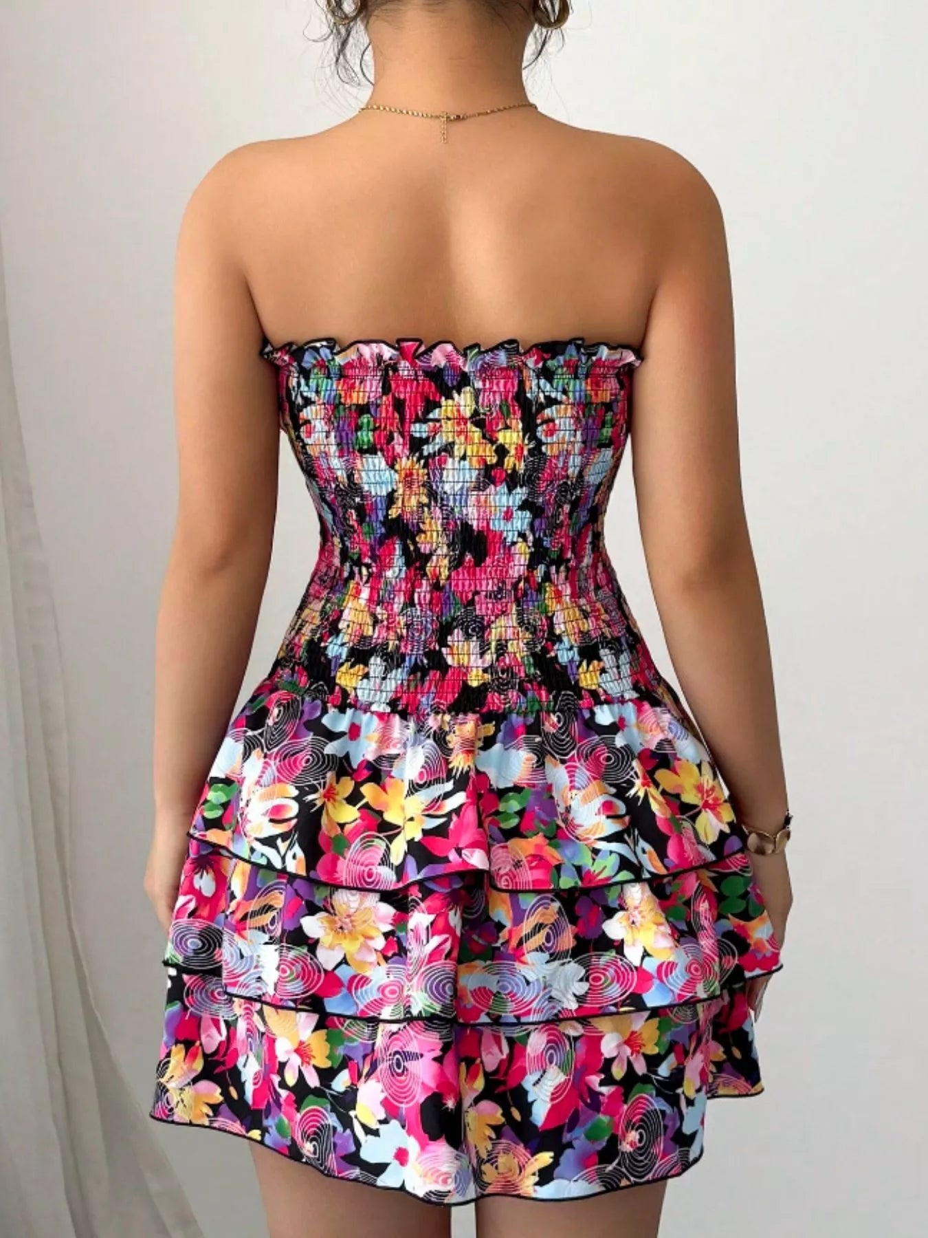 Strapless Smocked Floral Tiered Mini Dress