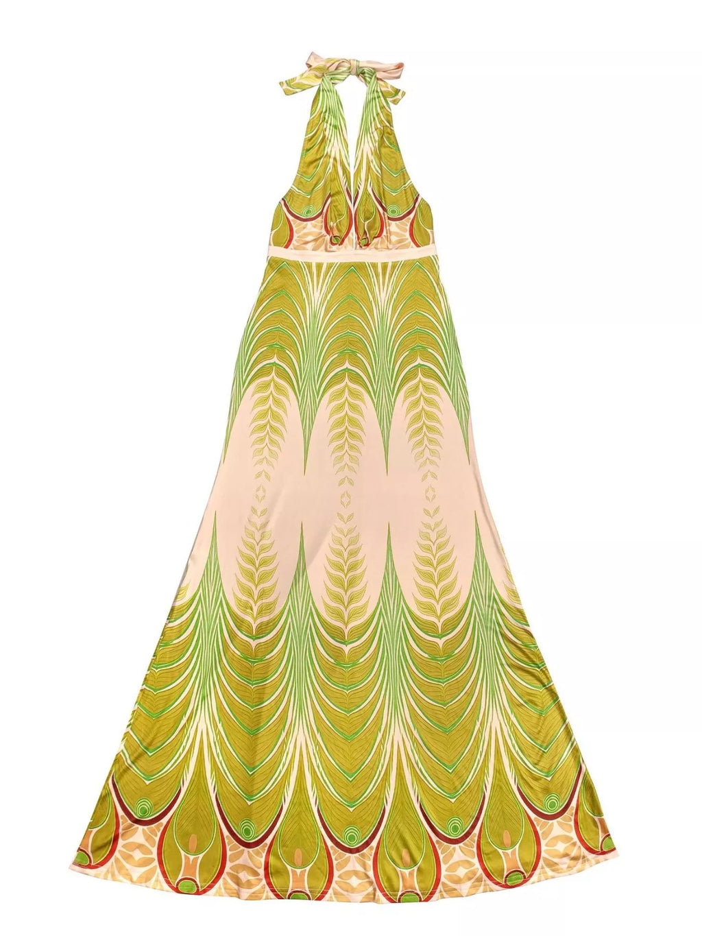 Elegant Halter Neck Maxi Dress with Gradient Leaf Print
