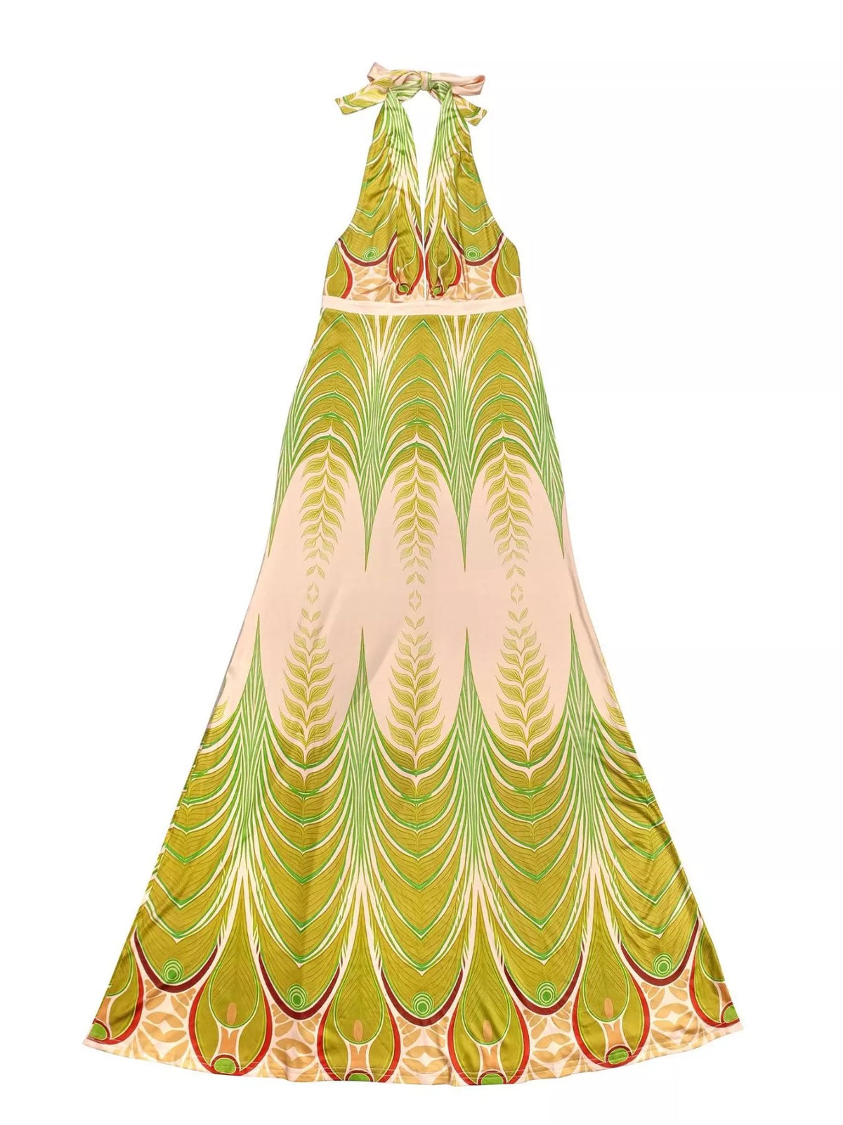 Elegant Halter Neck Maxi Dress with Gradient Leaf Print