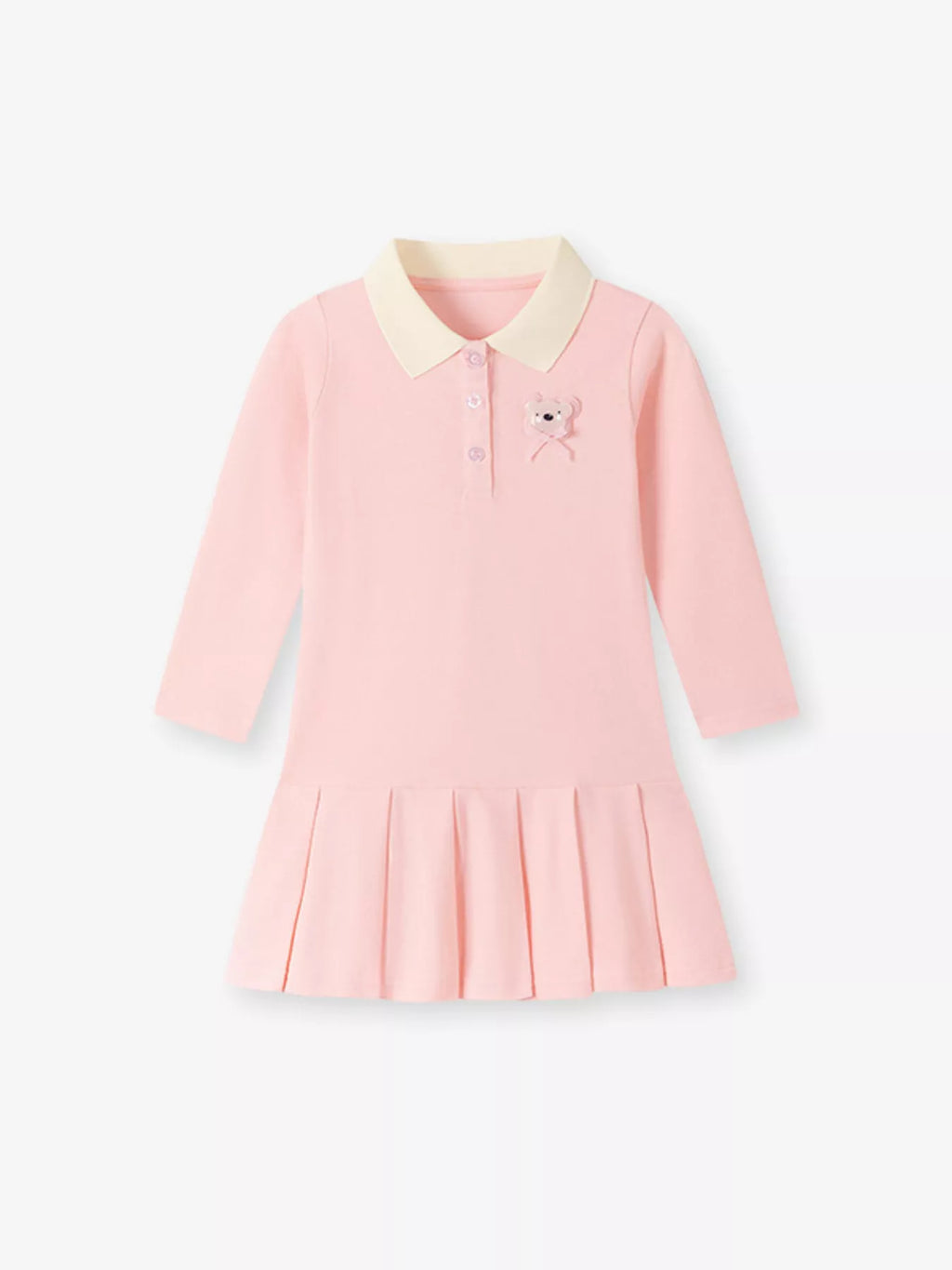 Children's Pleated Polo Collar Long Sleeve Dress